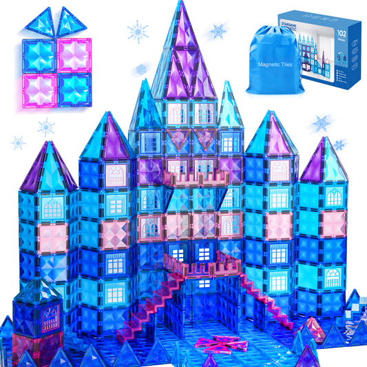 FunMagic 102pcs Frozen Castle Magnetic Tiles - 3D Diamond Building Blocks for Pretend Play, Birthday Gifts for Your Princess and Prince