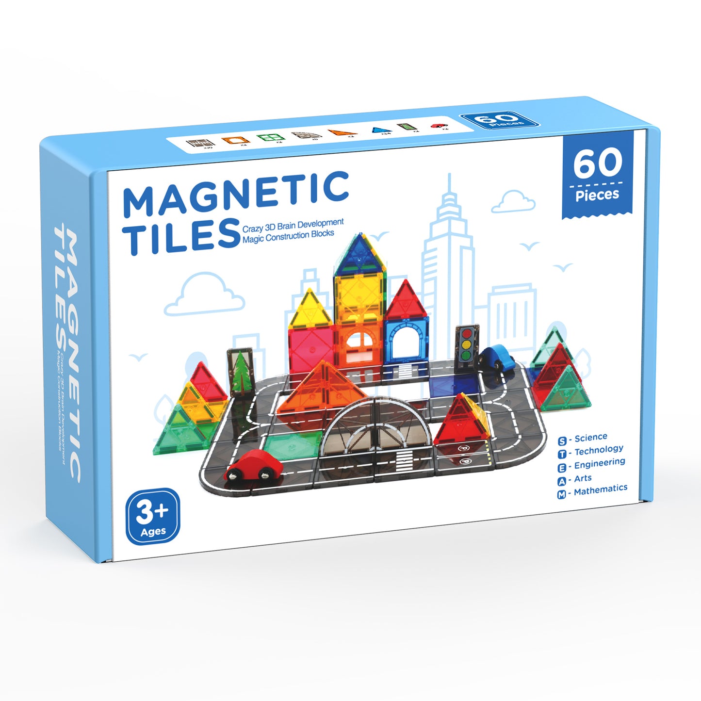 FunMagic Magnetic Tiles Road Set, Magnetic Building Tiles with 2 Cars, Preschool Montessori Toys Magnetic Blocks Gift for 3+ Year Old Boys and Girls