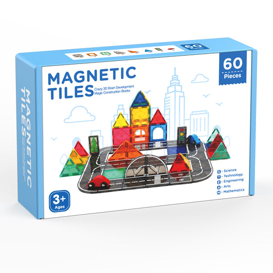 FunMagic Magnetic Tiles Road Set, Magnetic Building Tiles with 2 Cars, Preschool Montessori Toys Magnetic Blocks Gift for 3+ Year Old Boys and Girls
