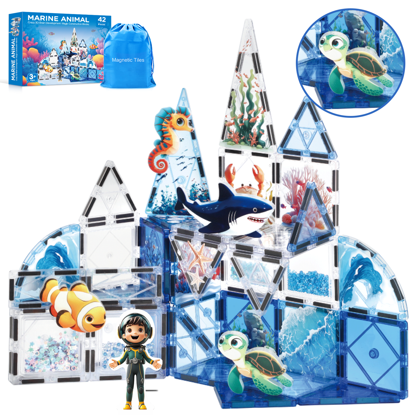 Magnet Tiles Marine Animal Magnetic Building Blocks with 5 Character Action Figures Shark Seahorses Turtle STEM Toys Construction Preschool Toddlers Kids Boys Girls 3+