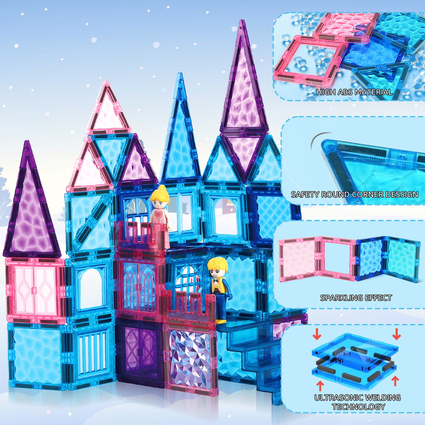 FunMagic Magnetic Tiles, Shining Frozen Toys for Girls 3D Diamond Magnetic Building Blocks, STEM Sensory Educational Toys for Toddlers Kids, Birthday Gifts for Girls 3-8 Year Old