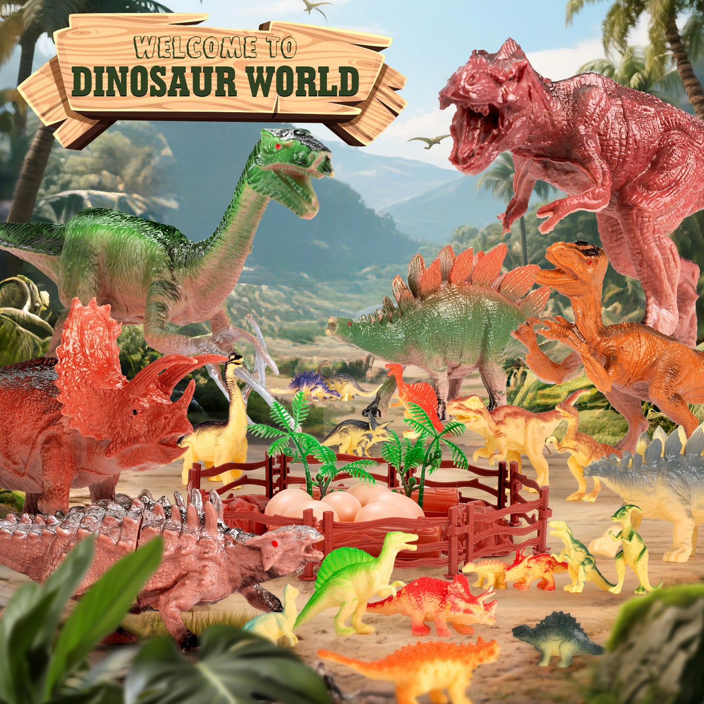 Dinosaur Toys for Kids 3-6,45PCS Realistic Jurassic Dinosaurs Figures with Eggs&Trees&Fence,Dino World Playset, Gift for Toddler Boys & Girls