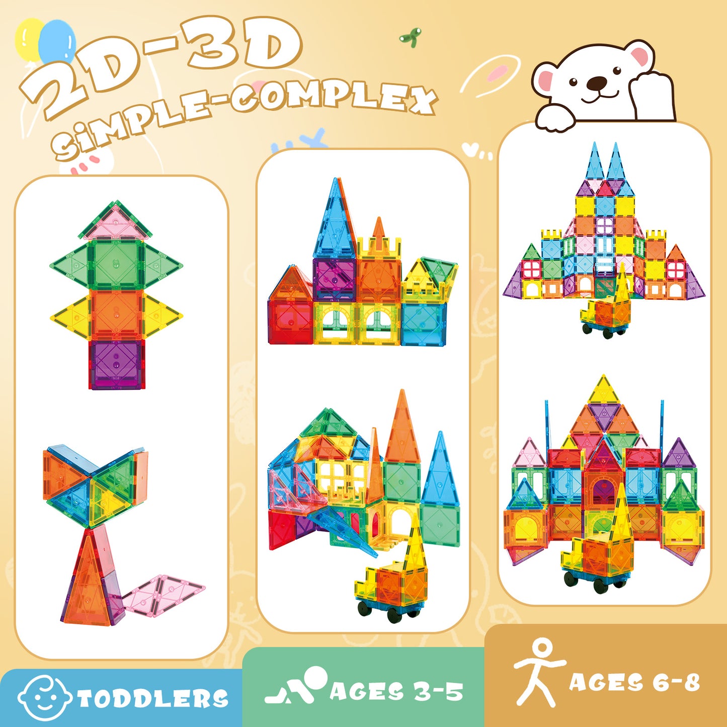 Magnetic Tiles for Kids, 102pcs Magnetic Blocks with Storage Bag, Magnet Building Tiles STEM Educational Stacking Toys Gift for Toddler Ages 3 4 5 6 7 8 9