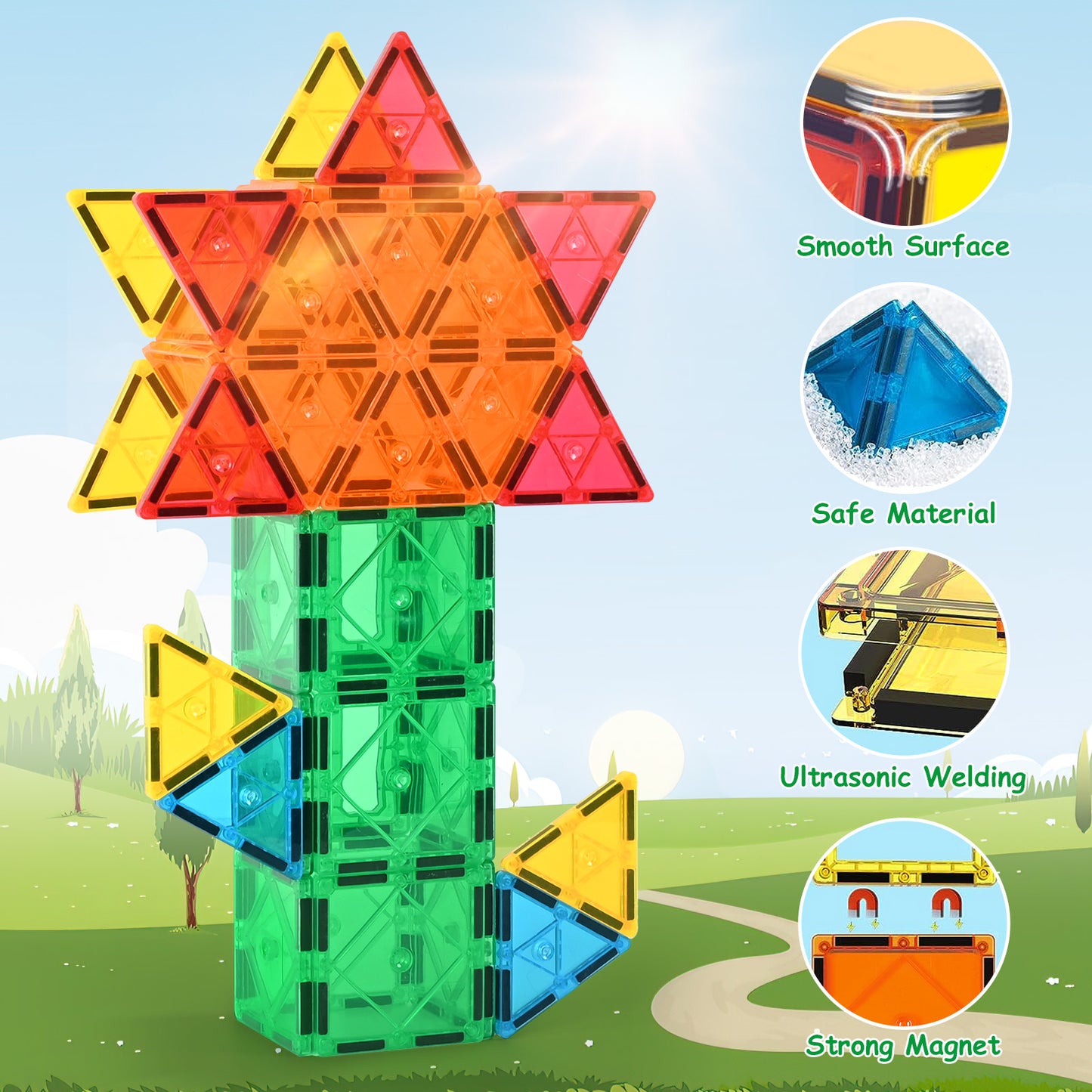 100 Pcs Magnetic Tiles Building Blocks with 2 Cars, STEM Toys 3D Building Sets Gifts for Boys and Girls