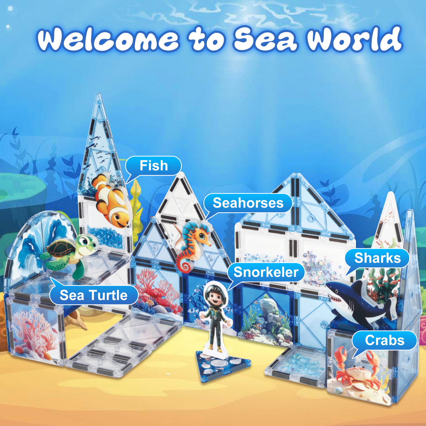 Magnet Tiles Marine Animal Magnetic Building Blocks with 5 Character Action Figures Shark Seahorses Turtle STEM Toys Construction Preschool Toddlers Kids Boys Girls 3+