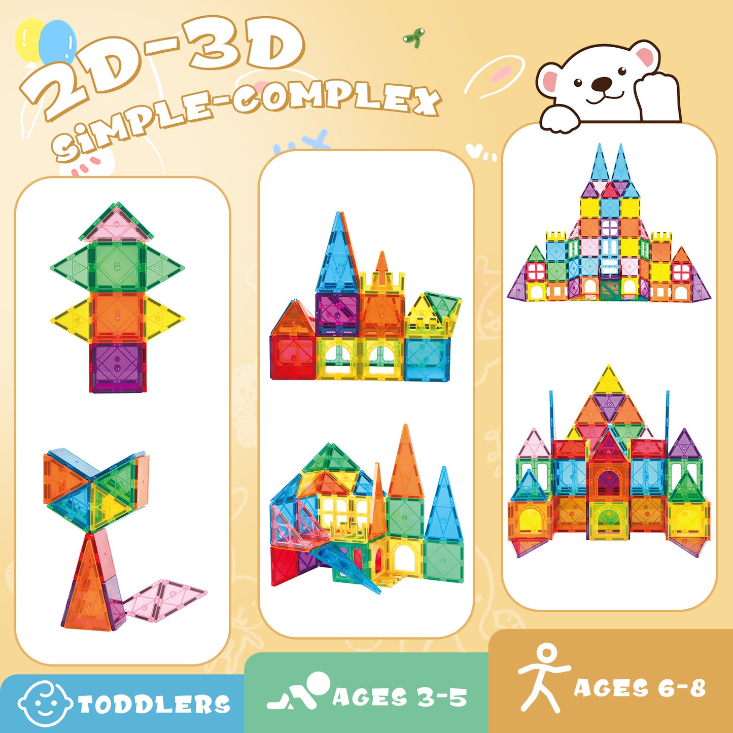 Magnetic Tiles for Kids, Magnetic Blocks with Storage Bag, Magnet Building Tiles STEM Educational Stacking Toys Gift for Toddler Ages 3 4 5 6 7 8 9