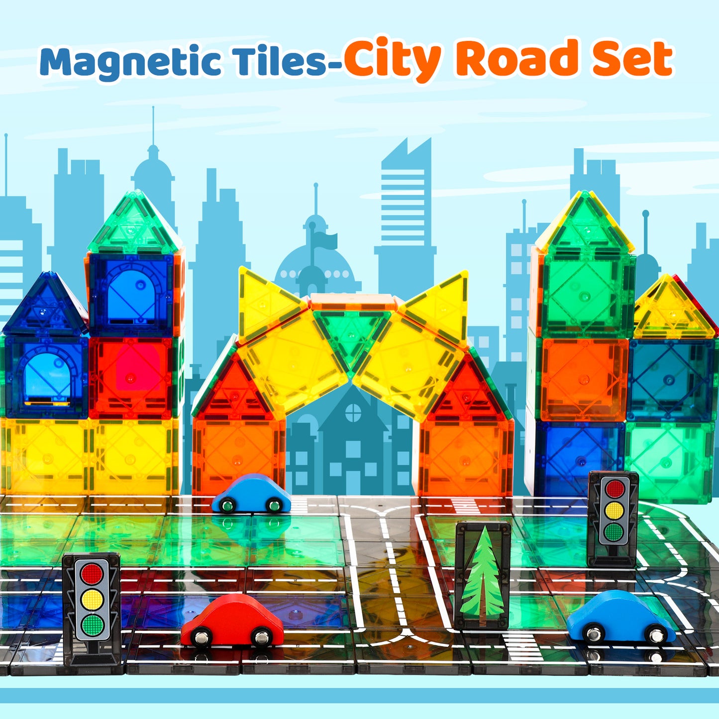 FunMagic Magnetic Tiles Road Set, Magnetic Building Tiles with 2 Cars, Preschool Montessori Toys Magnetic Blocks Gift for 3+ Year Old Boys and Girls