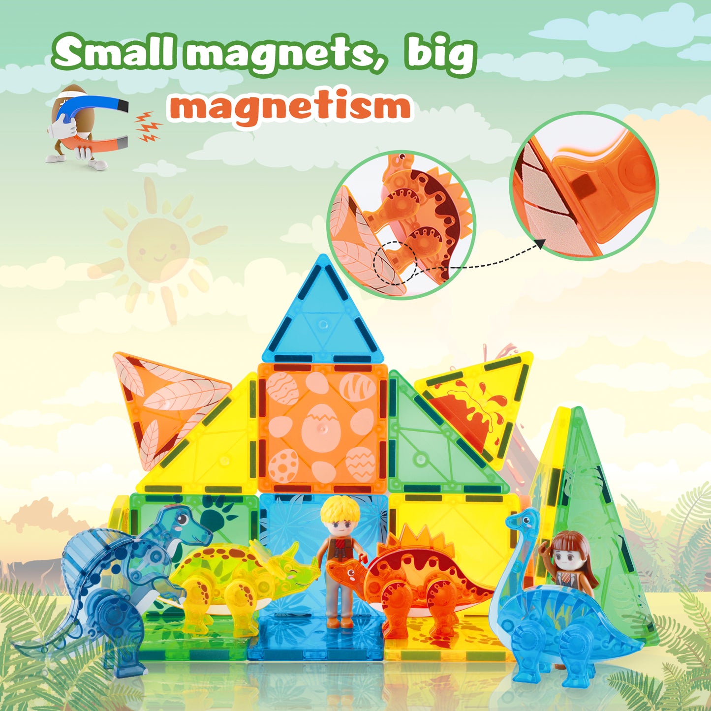 Dinosaur Toys Magnetic Tiles 3D Movable Dinos for Kids 3-5 5-7 Toddler Outdoor Sensory Toys, STEM Educational Magnetic Blocks for 3+ Years Old Boys Girls Kids Toys