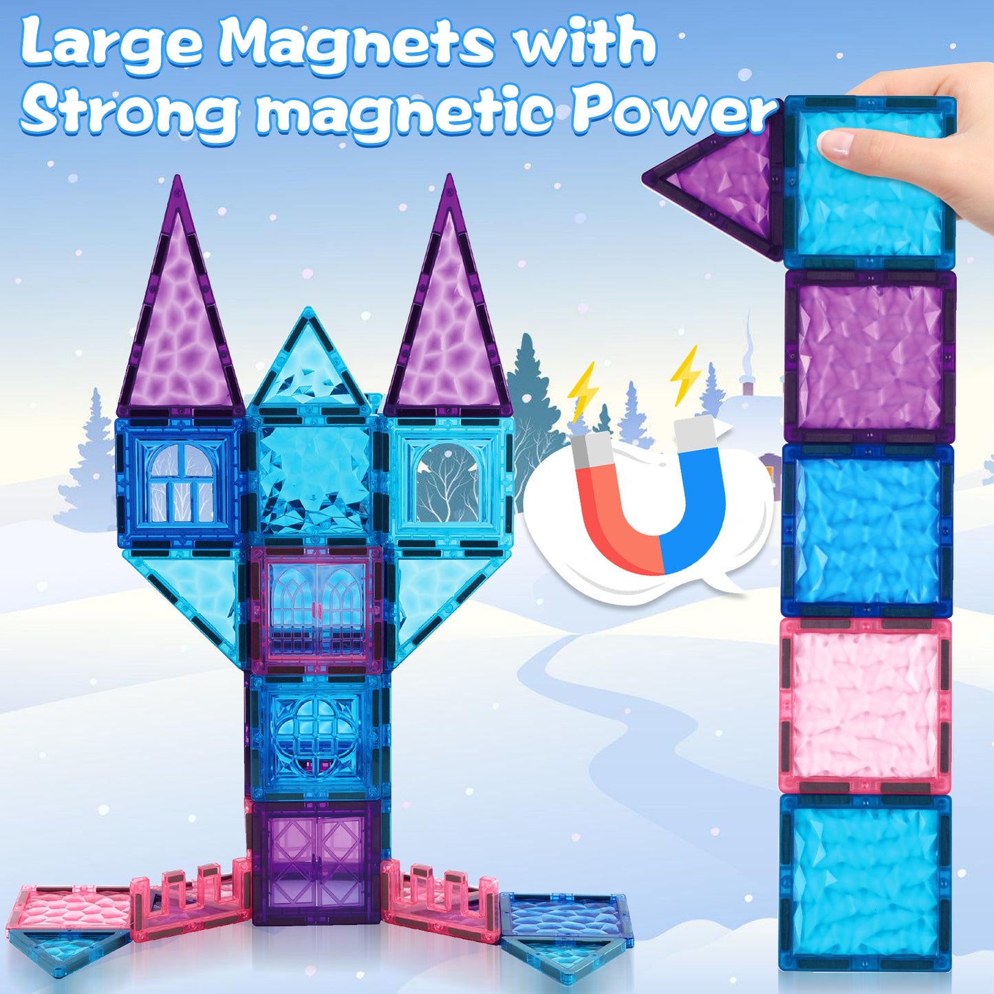 FunMagic Magnetic Tiles, Shining Frozen Toys for Girls 3D Diamond Magnetic Building Blocks, STEM Sensory Educational Toys for Toddlers Kids, Birthday Gifts for Girls 3-8 Year Old