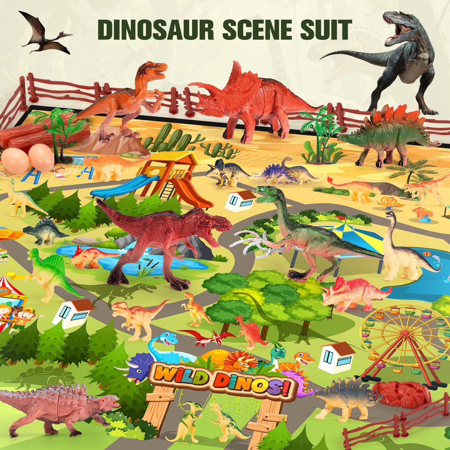 FunMagic Dinosaur Toys with Play Mat, 46PCS Realistic Jurassic Dinosaurs Figures with Eggs&Trees&Fence,Dino World Playset, Gift for Toddler Boys & Girls