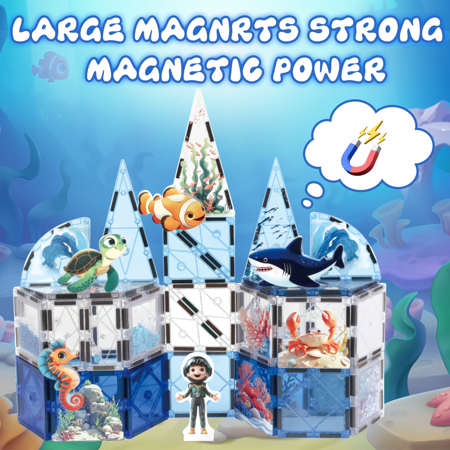 Magnet Tiles Marine Animal Magnetic Building Blocks with 5 Character Action Figures Shark Seahorses Turtle STEM Toys Construction Preschool Toddlers Kids Boys Girls 3+