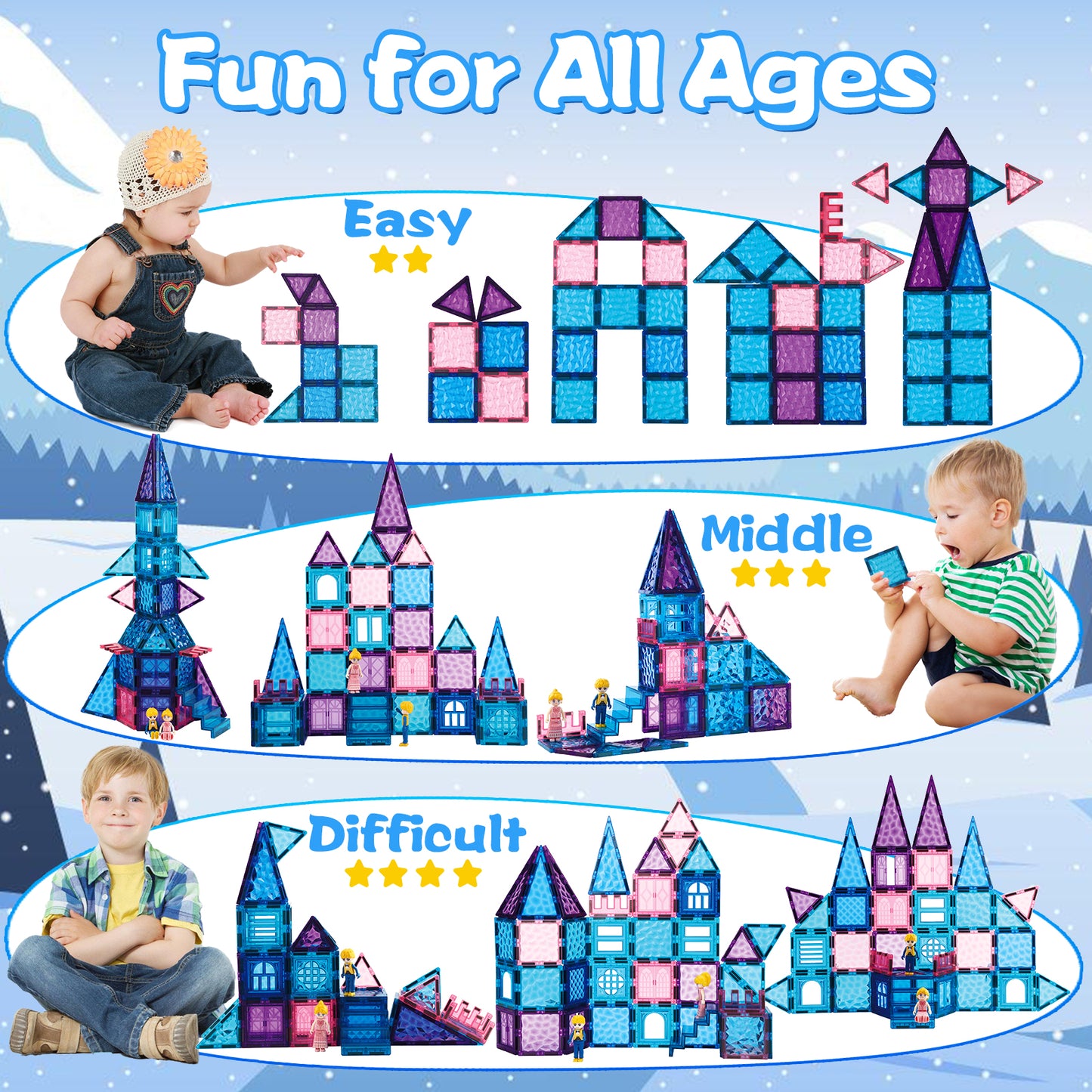 FunMagic Magnetic Tiles, Shining Frozen Toys for Girls 3D Diamond Magnetic Building Blocks, STEM Sensory Educational Toys for Toddlers Kids, Birthday Gifts for Girls 3-8 Year Old