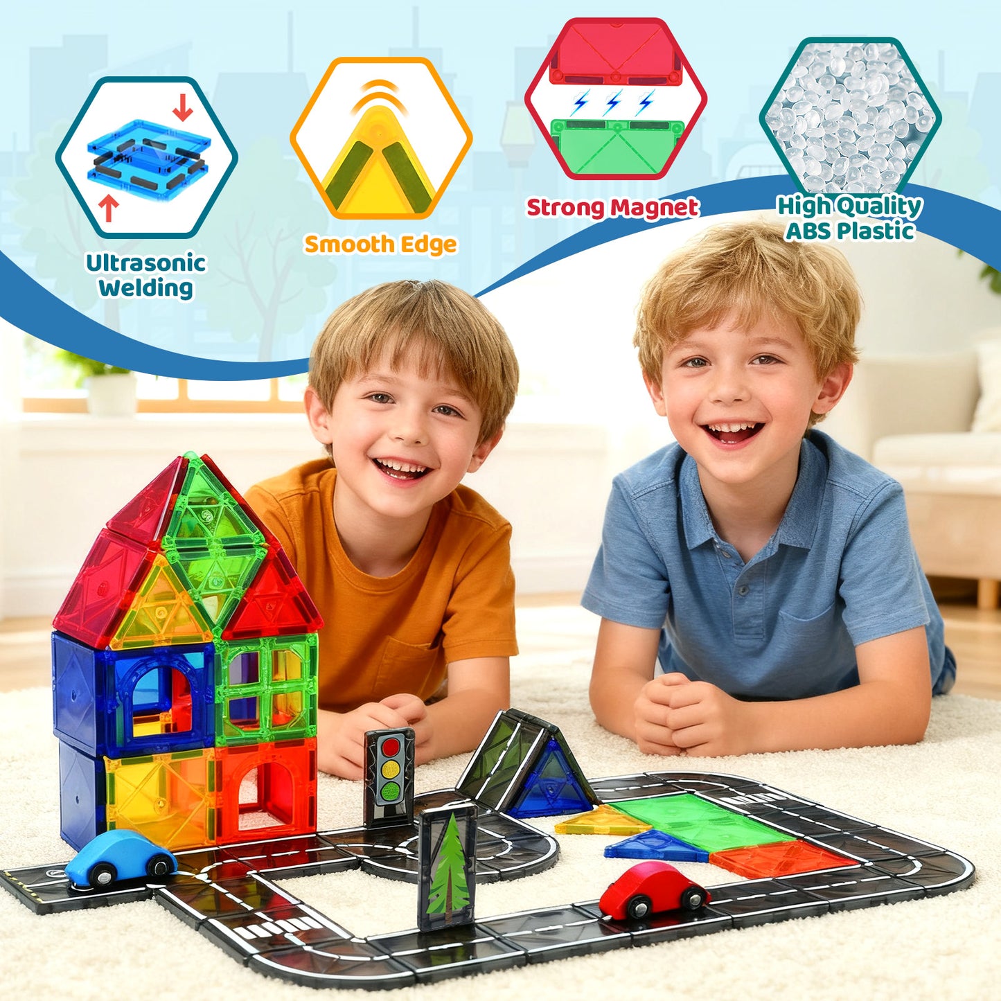 FunMagic Magnetic Tiles Road Set, Magnetic Building Tiles with 2 Cars, Preschool Montessori Toys Magnetic Blocks Gift for 3+ Year Old Boys and Girls