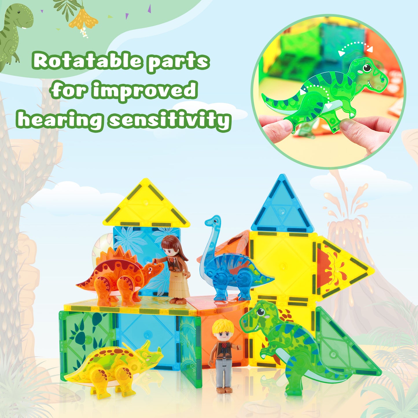 Dinosaur Toys Magnetic Tiles 3D Movable Dinos for Kids 3-5 5-7 Toddler Outdoor Sensory Toys, STEM Educational Magnetic Blocks for 3+ Years Old Boys Girls Kids Toys