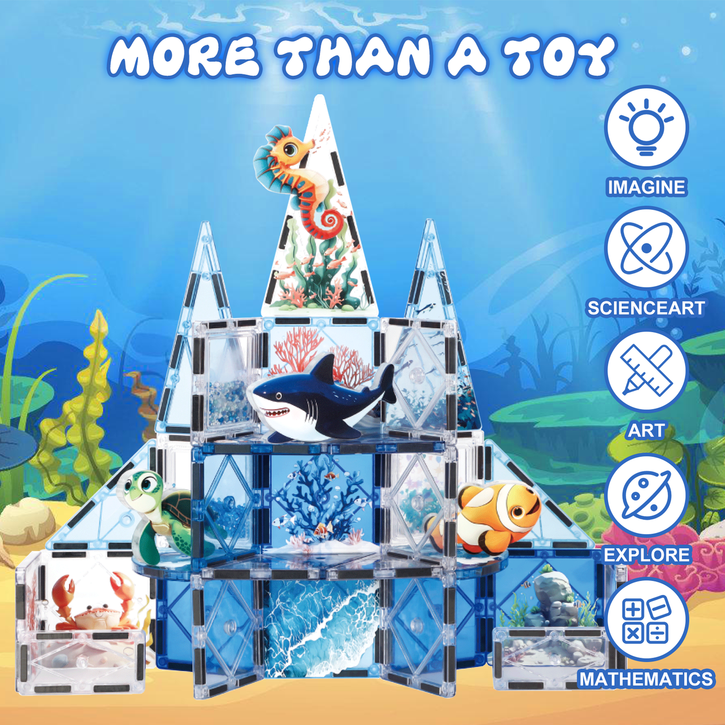 Magnet Tiles Marine Animal Magnetic Building Blocks with 5 Character Action Figures Shark Seahorses Turtle STEM Toys Construction Preschool Toddlers Kids Boys Girls 3+