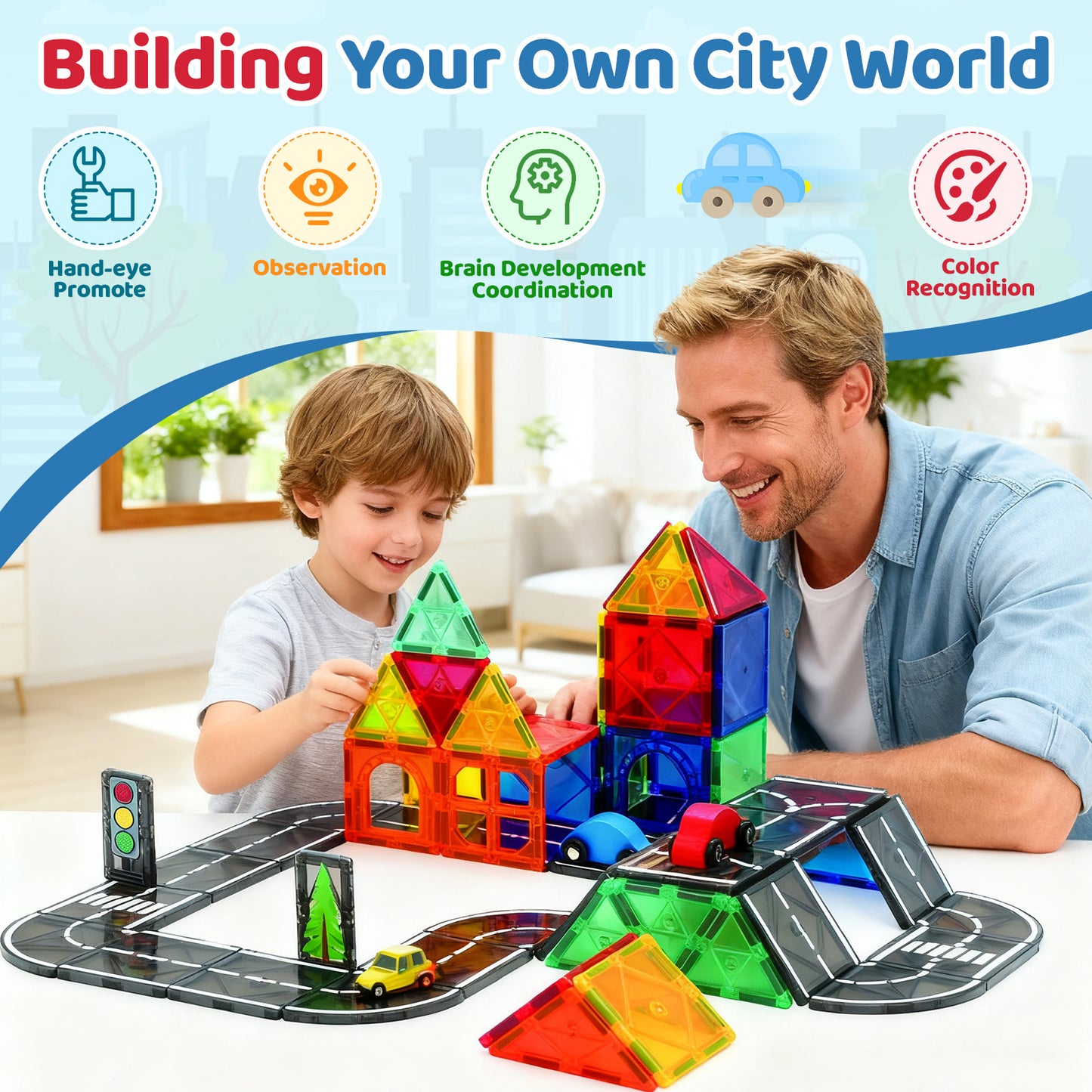 FunMagic Magnetic Tiles Road Set, Magnetic Building Tiles with 2 Cars, Preschool Montessori Toys Magnetic Blocks Gift for 3+ Year Old Boys and Girls