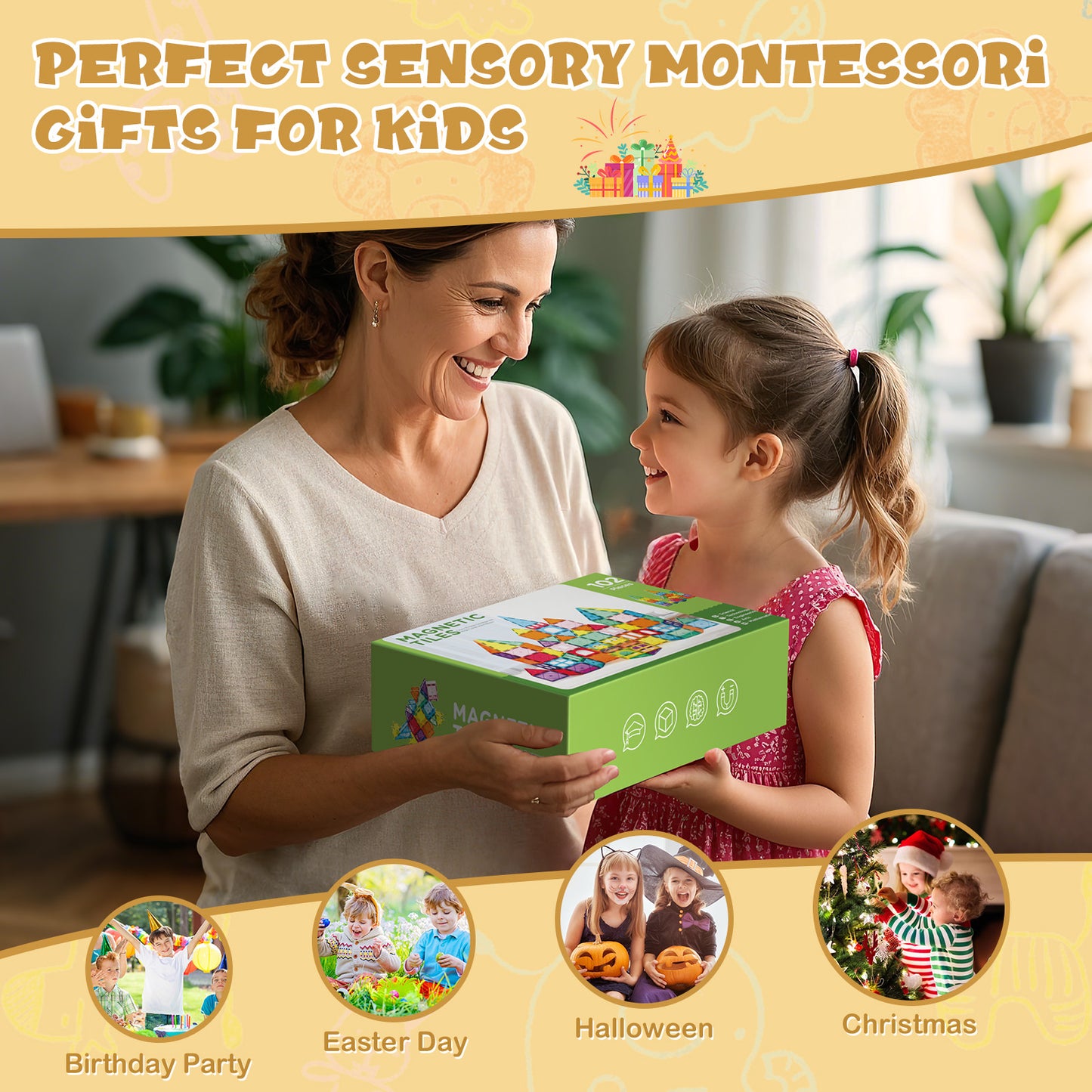 Magnetic Tiles for Kids, 102pcs Magnetic Blocks with Storage Bag, Magnet Building Tiles STEM Educational Stacking Toys Gift for Toddler Ages 3 4 5 6 7 8 9