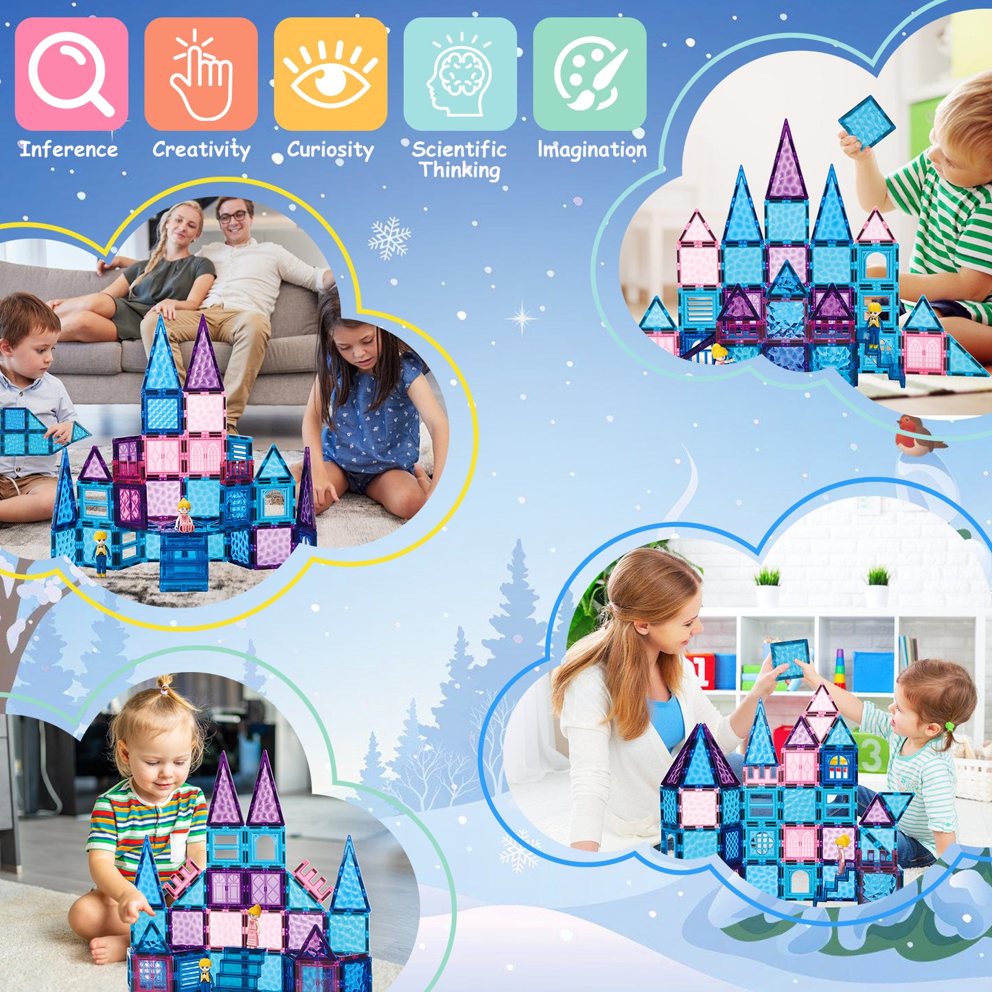 FunMagic Magnetic Tiles, Shining Frozen Toys for Girls 3D Diamond Magnetic Building Blocks, STEM Sensory Educational Toys for Toddlers Kids, Birthday Gifts for Girls 3-8 Year Old