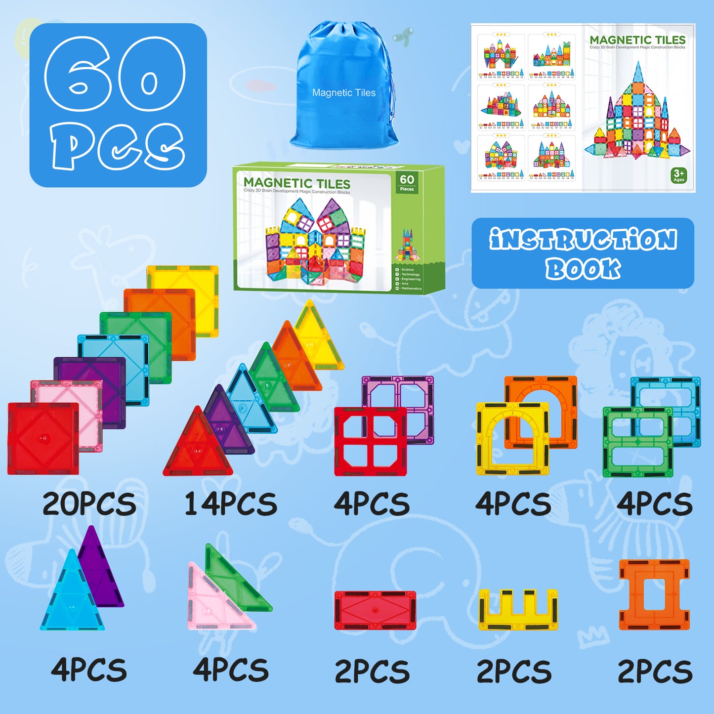 Magnetic Tiles Kids Magnetic Blocks Building Sets 3D Magnet Tile Building Construction Educational STEM Toys, Gifts for Toddlers Boys Girls 3 4 5 6 7 8 9 10 + Year Old