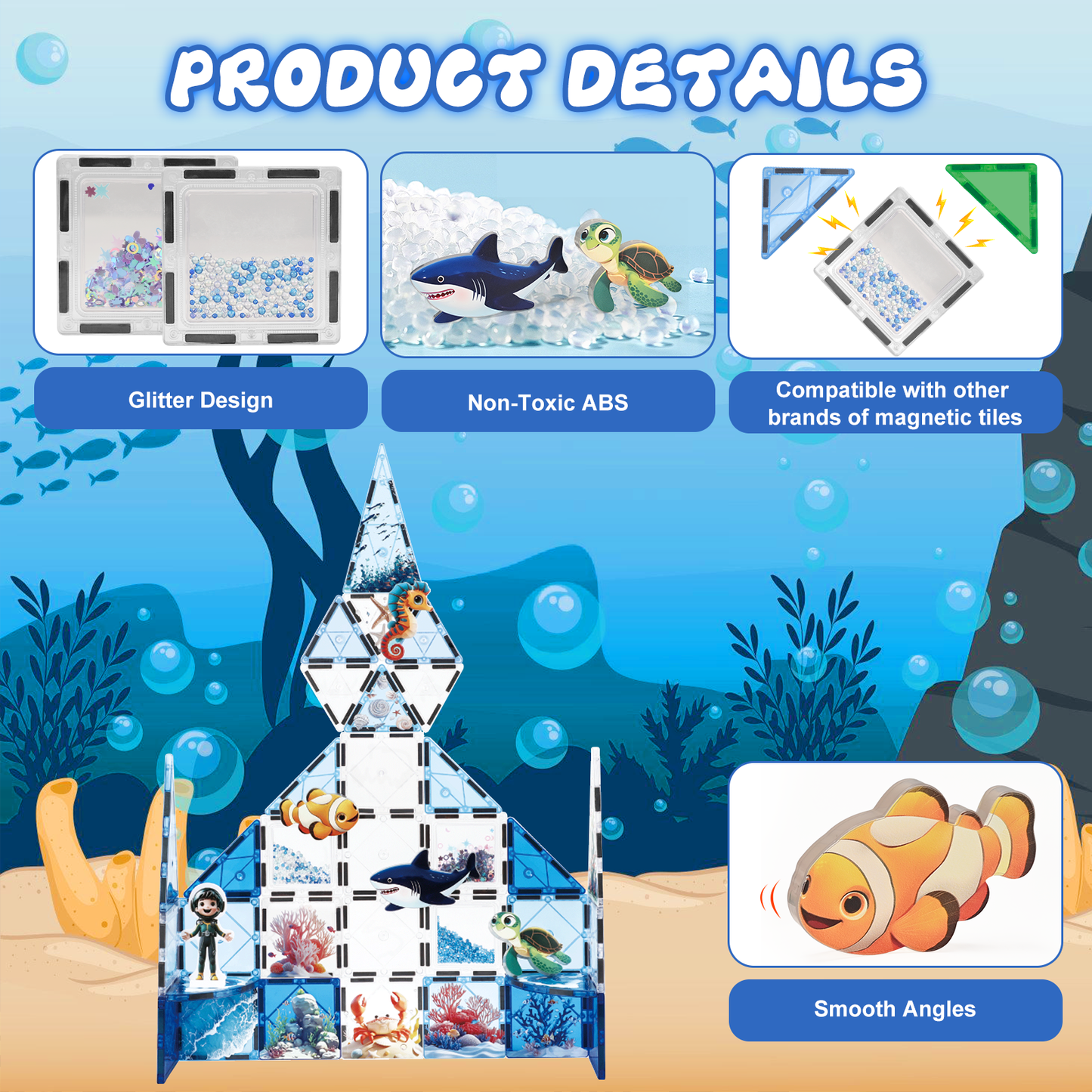 Magnet Tiles Marine Animal Magnetic Building Blocks with 5 Character Action Figures Shark Seahorses Turtle STEM Toys Construction Preschool Toddlers Kids Boys Girls 3+