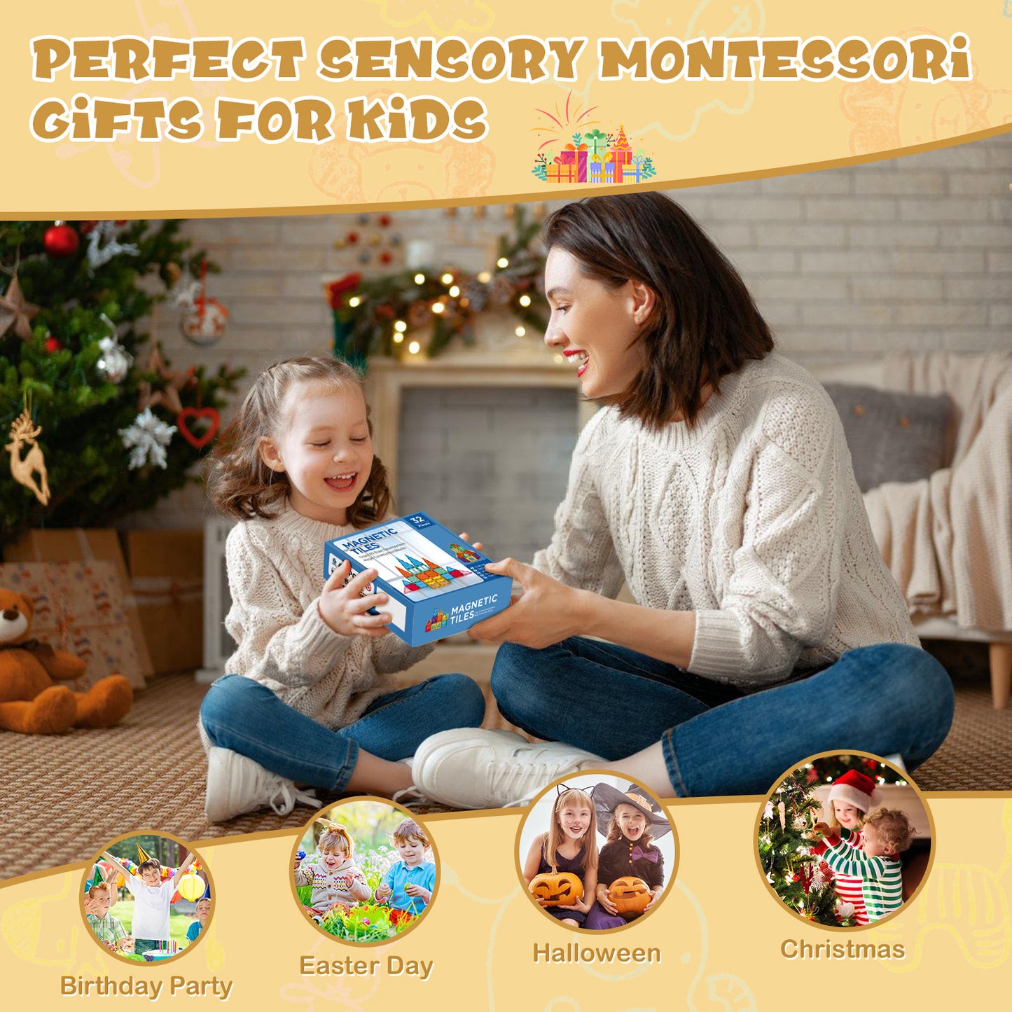 Magnetic Tiles for Kids, Magnetic Blocks with Storage Bag, Magnet Building Tiles STEM Educational Stacking Toys Gift for Toddler Ages 3 4 5 6 7 8 9