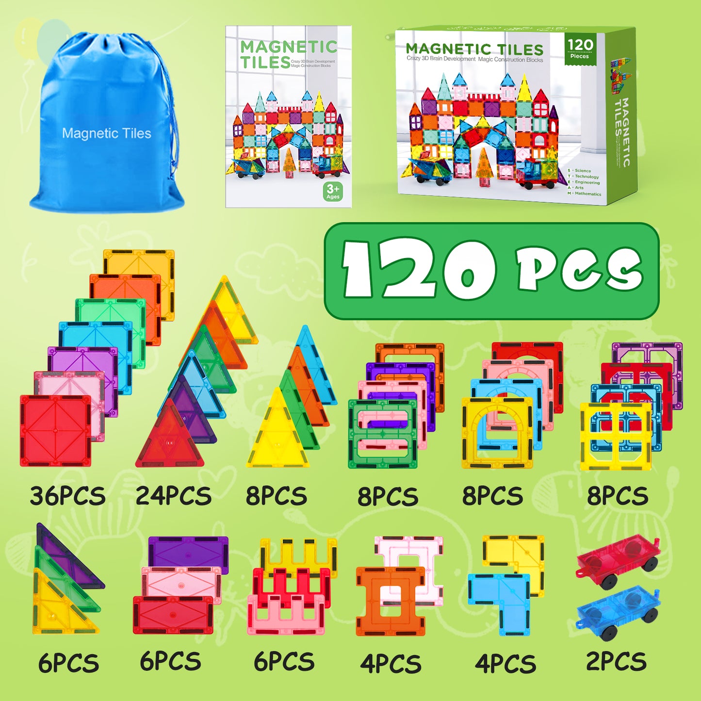 120pcs Magnetic Tiles for Kids,Educational Magnetic Building Blocks for Boys Girls, STEM Preschool Kindergarten Learning Toys