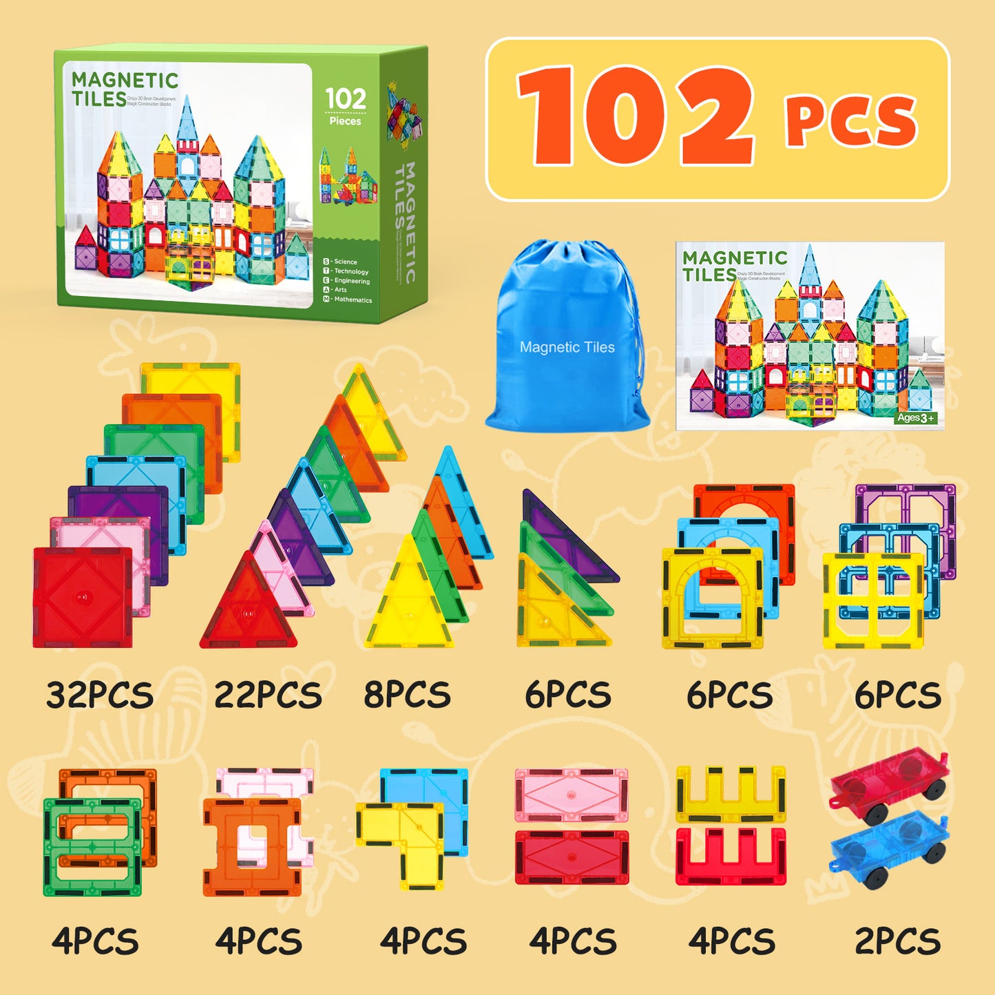 Magnetic Tiles for Kids, 102pcs Magnetic Blocks with Storage Bag, Magnet Building Tiles STEM Educational Stacking Toys Gift for Toddler Ages 3 4 5 6 7 8 9