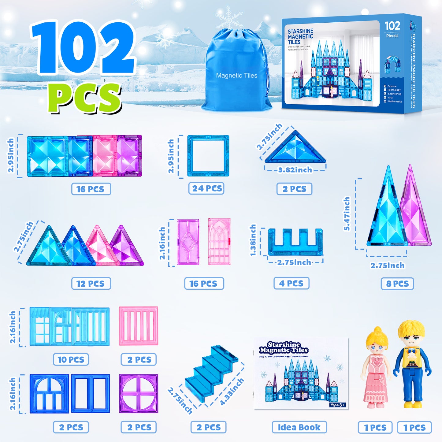 FunMagic 102pcs Frozen Castle Magnetic Tiles - 3D Diamond Building Blocks for Pretend Play, Birthday Gifts for Your Princess and Prince