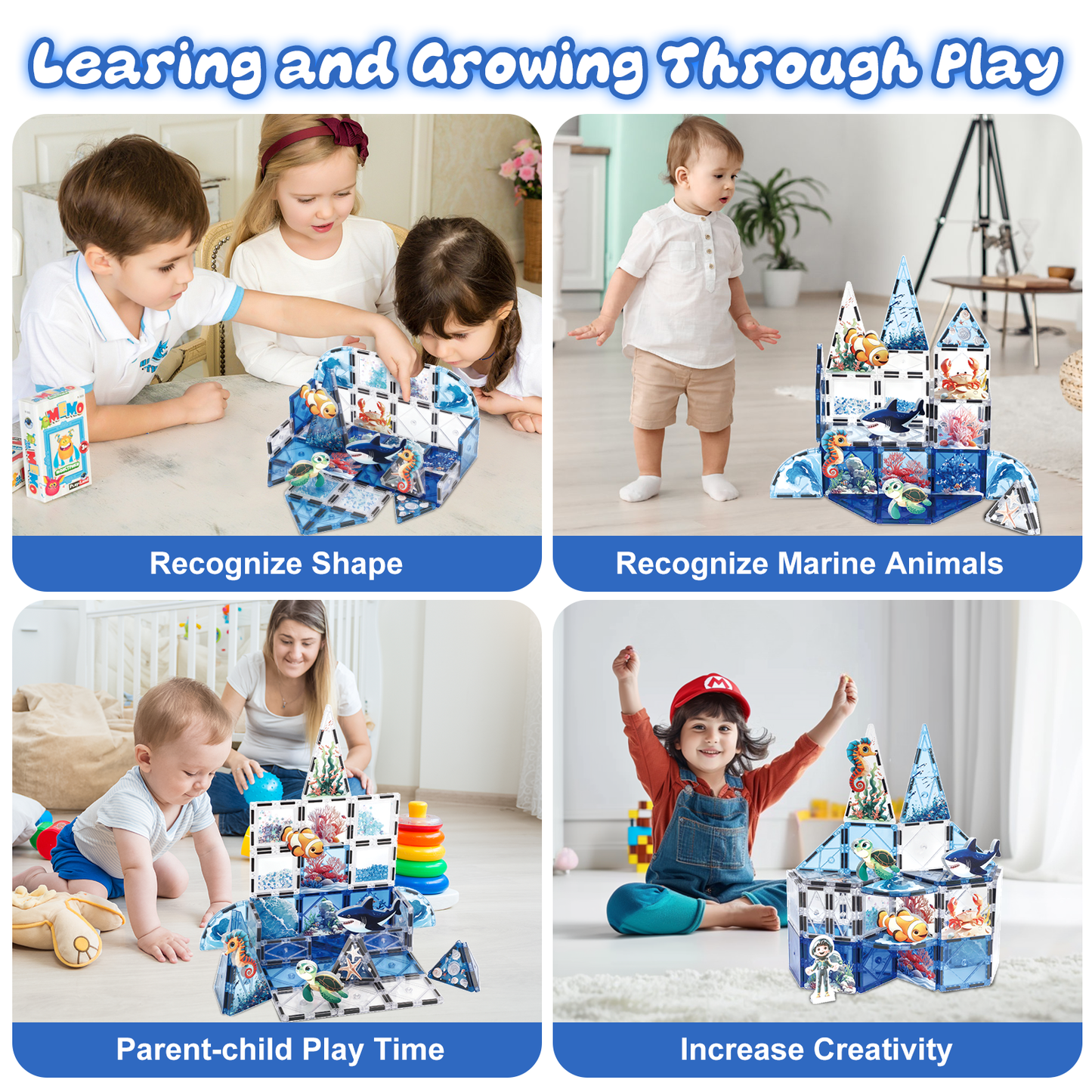 Magnet Tiles Marine Animal Magnetic Building Blocks with 5 Character Action Figures Shark Seahorses Turtle STEM Toys Construction Preschool Toddlers Kids Boys Girls 3+