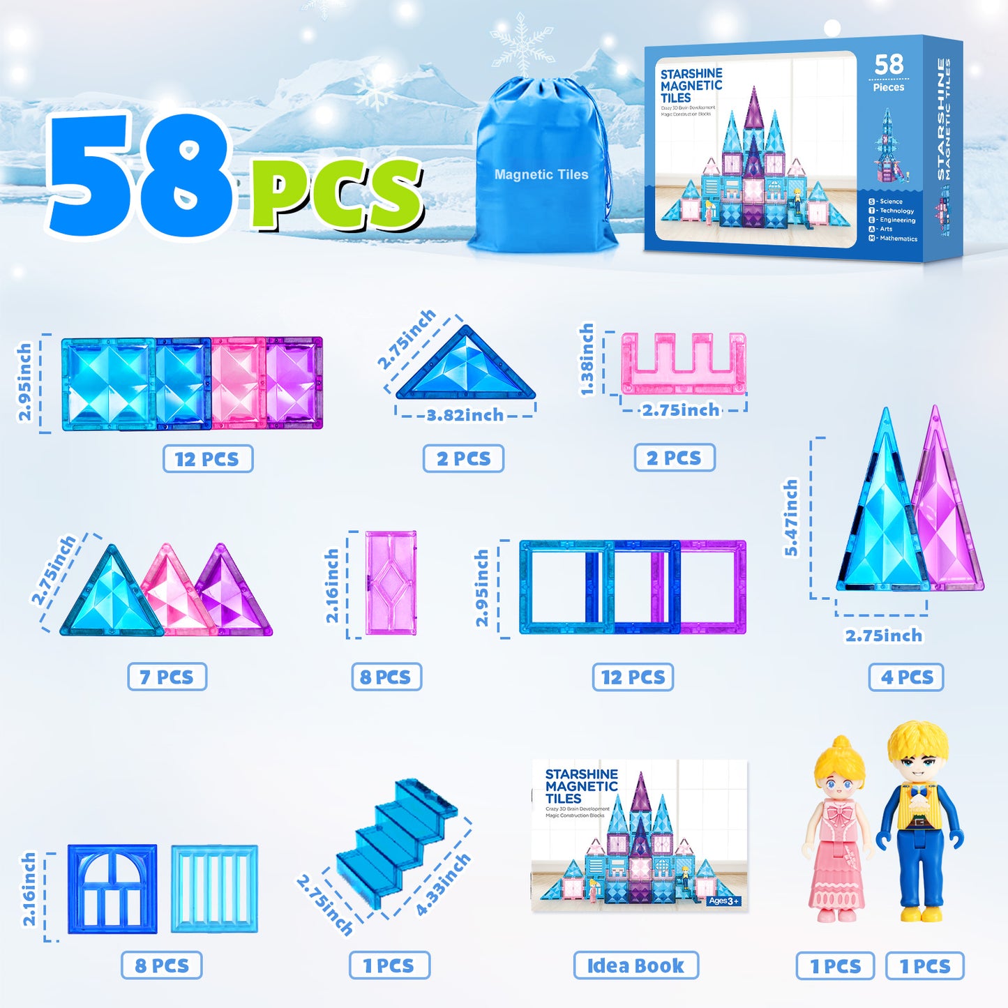 FunMagic Ice Castle Magnetic Tiles, 3D Sparkling Building Blocks, STEM Educational Toys for Kids Boys and Girls, Creative Construction Set for 3-8 Years Old