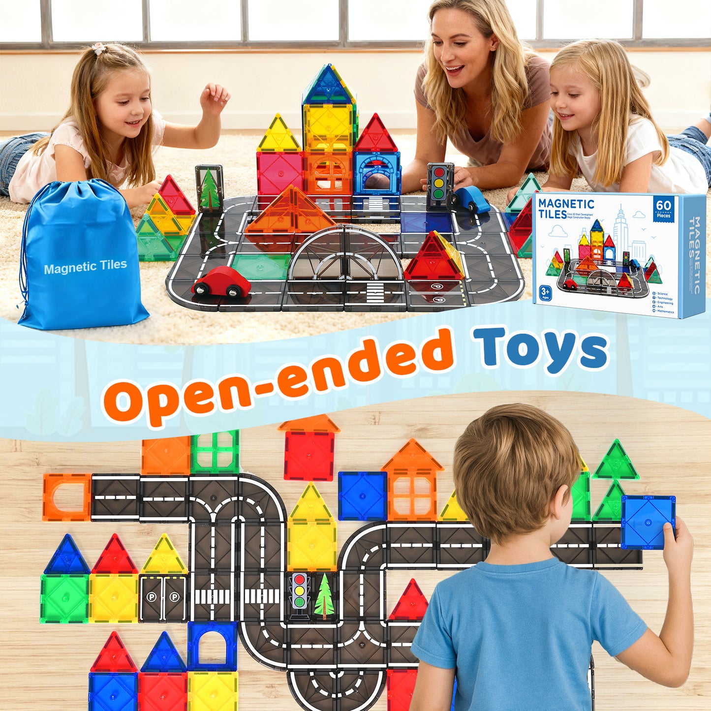 FunMagic Magnetic Tiles Road Set, Magnetic Building Tiles with 2 Cars, Preschool Montessori Toys Magnetic Blocks Gift for 3+ Year Old Boys and Girls