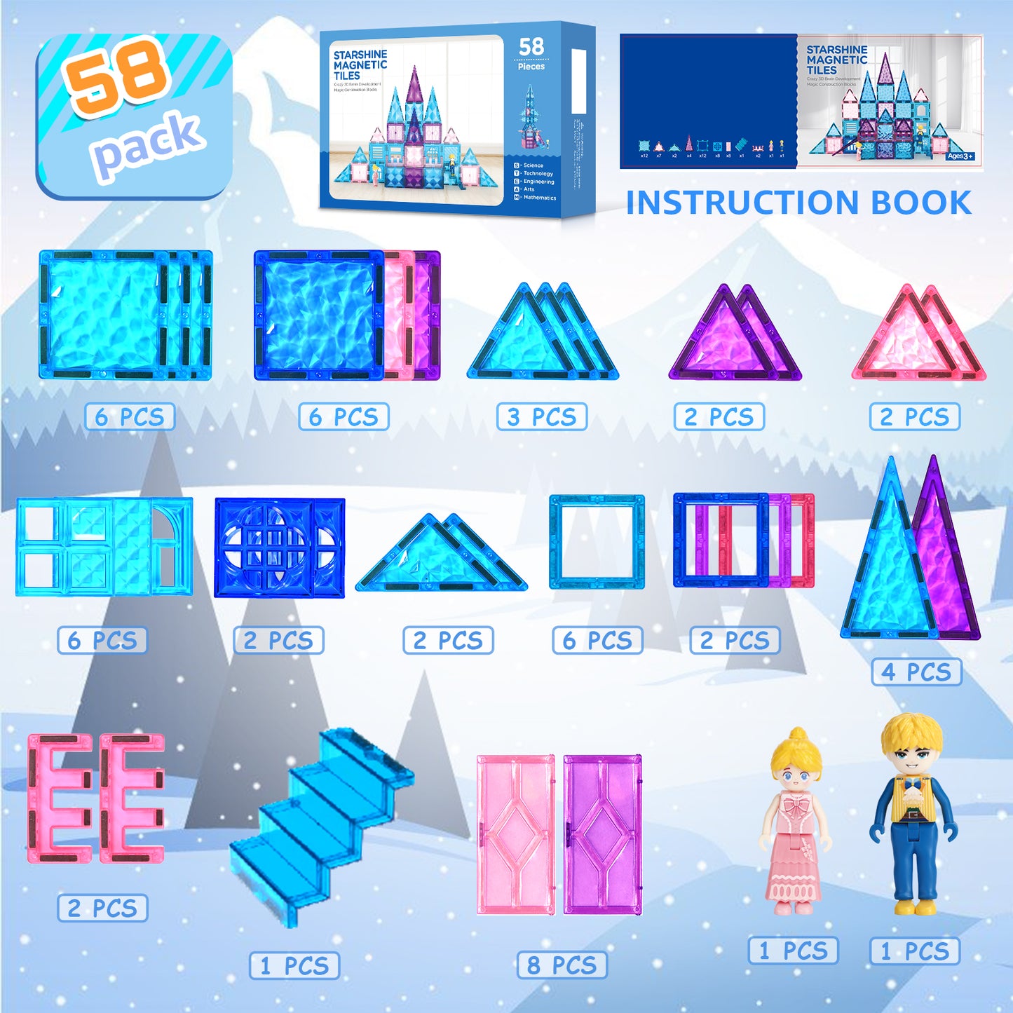 FunMagic Magnetic Tiles, Shining Frozen Toys for Girls 3D Diamond Magnetic Building Blocks, STEM Sensory Educational Toys for Toddlers Kids, Birthday Gifts for Girls 3-8 Year Old