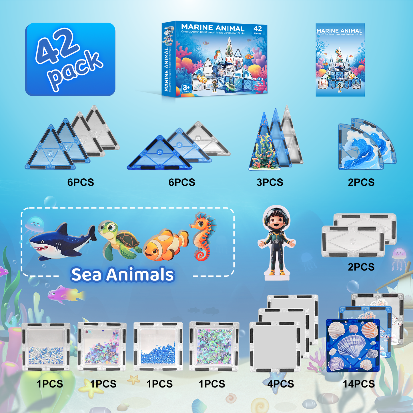 Magnet Tiles Marine Animal Magnetic Building Blocks with 5 Character Action Figures Shark Seahorses Turtle STEM Toys Construction Preschool Toddlers Kids Boys Girls 3+