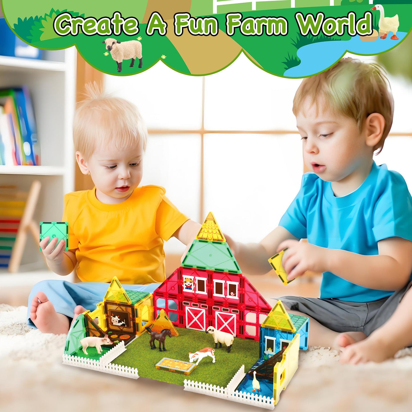 Magnetic Tiles Farm Animal Toys Set for Toddles Kids, Montessori STEM Educational Magnetic Building Blocks for 3+ Year Old Boys Girls