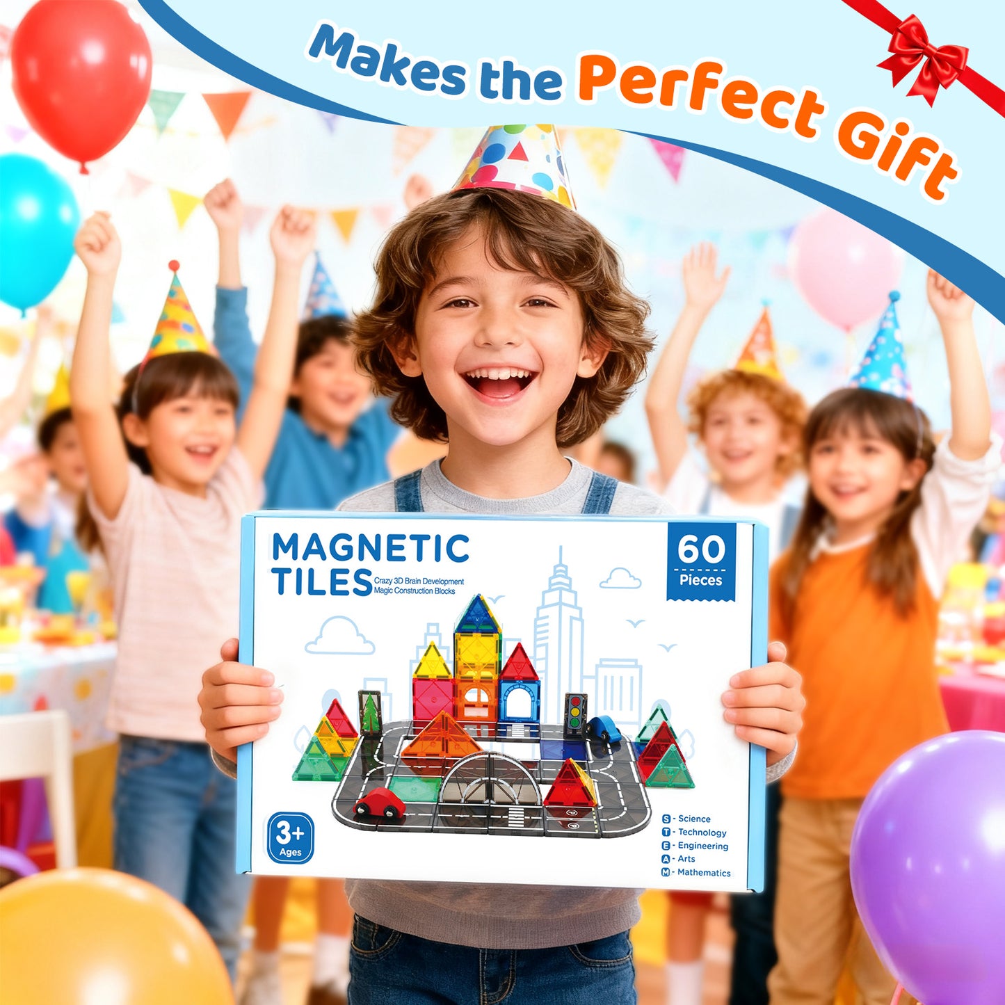 FunMagic Magnetic Tiles Road Set, Magnetic Building Tiles with 2 Cars, Preschool Montessori Toys Magnetic Blocks Gift for 3+ Year Old Boys and Girls