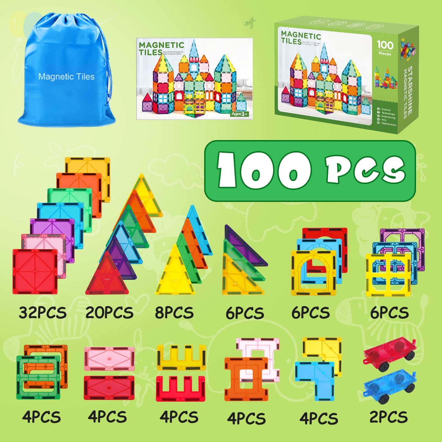 100 Pcs Magnetic Tiles Building Blocks with 2 Cars, STEM Toys 3D Building Sets Gifts for Boys and Girls