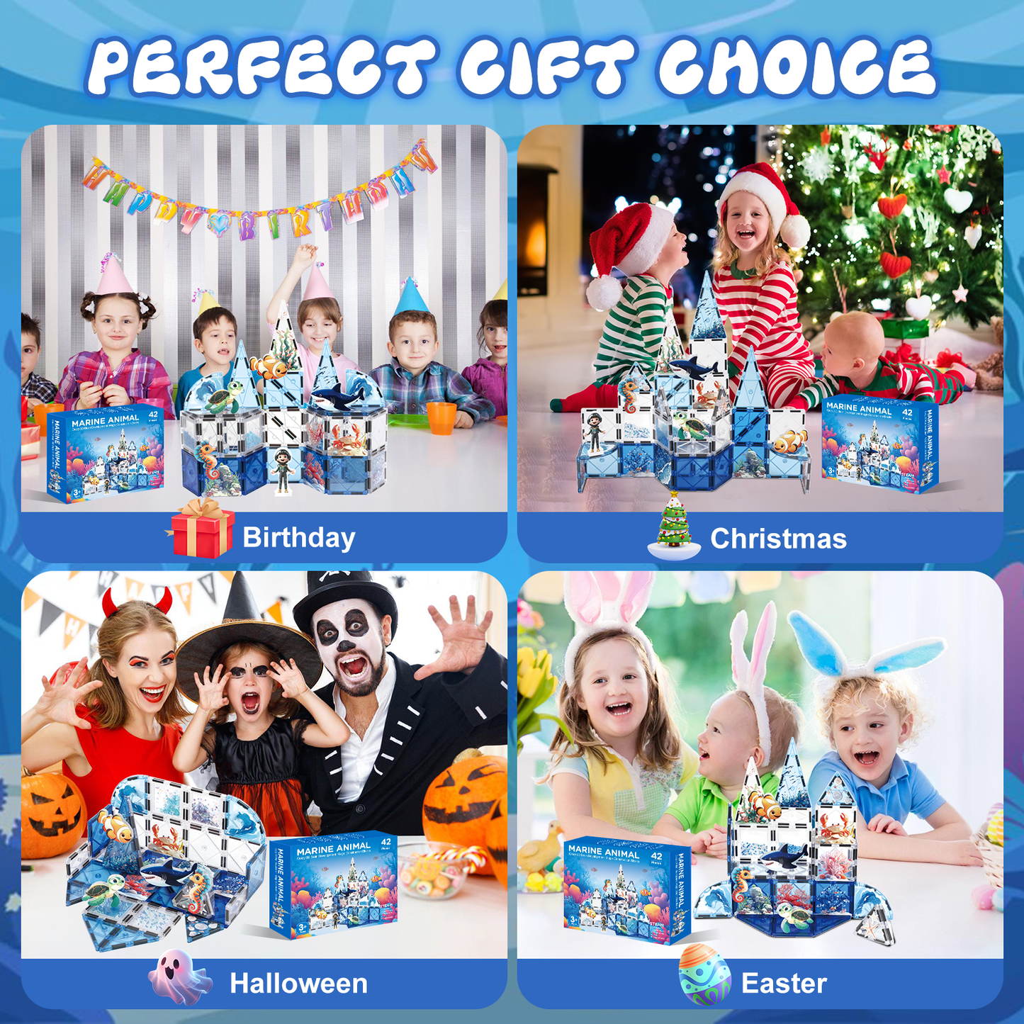 Magnet Tiles Marine Animal Magnetic Building Blocks with 5 Character Action Figures Shark Seahorses Turtle STEM Toys Construction Preschool Toddlers Kids Boys Girls 3+