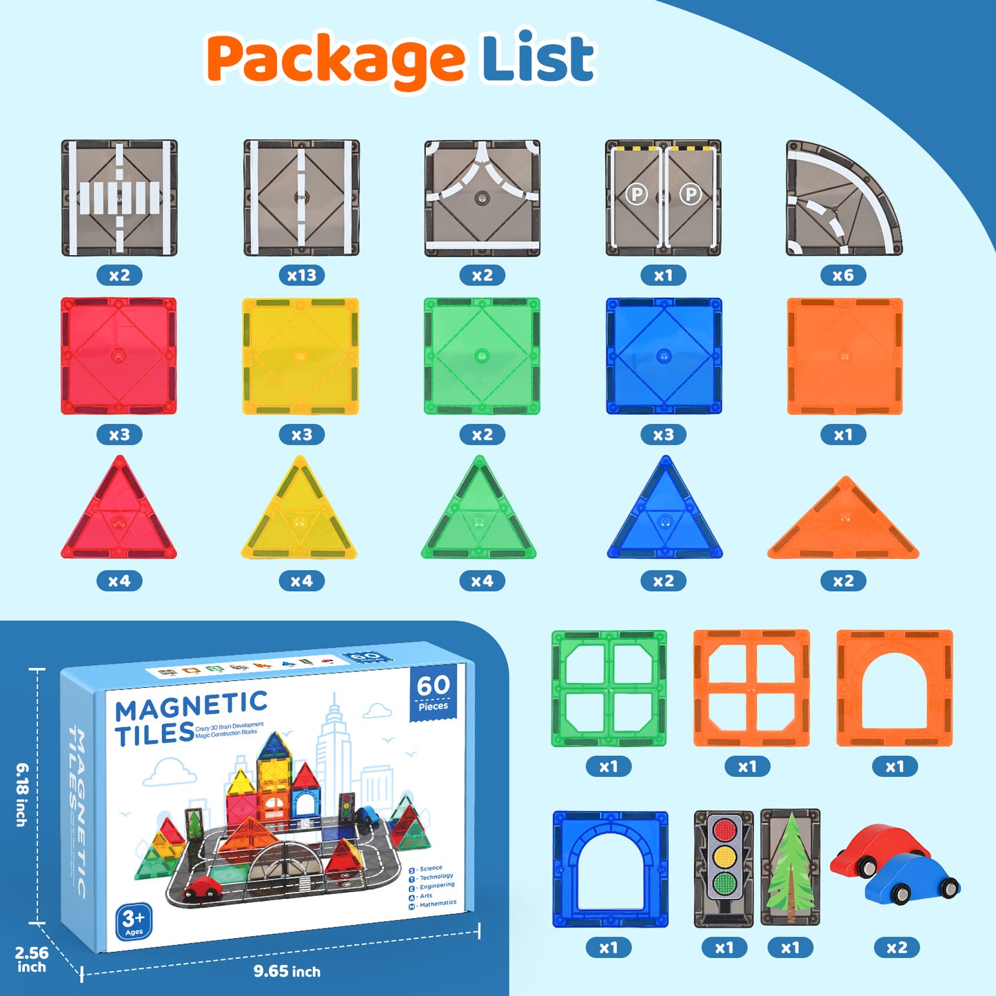 FunMagic Magnetic Tiles Road Set, Magnetic Building Tiles with 2 Cars, Preschool Montessori Toys Magnetic Blocks Gift for 3+ Year Old Boys and Girls
