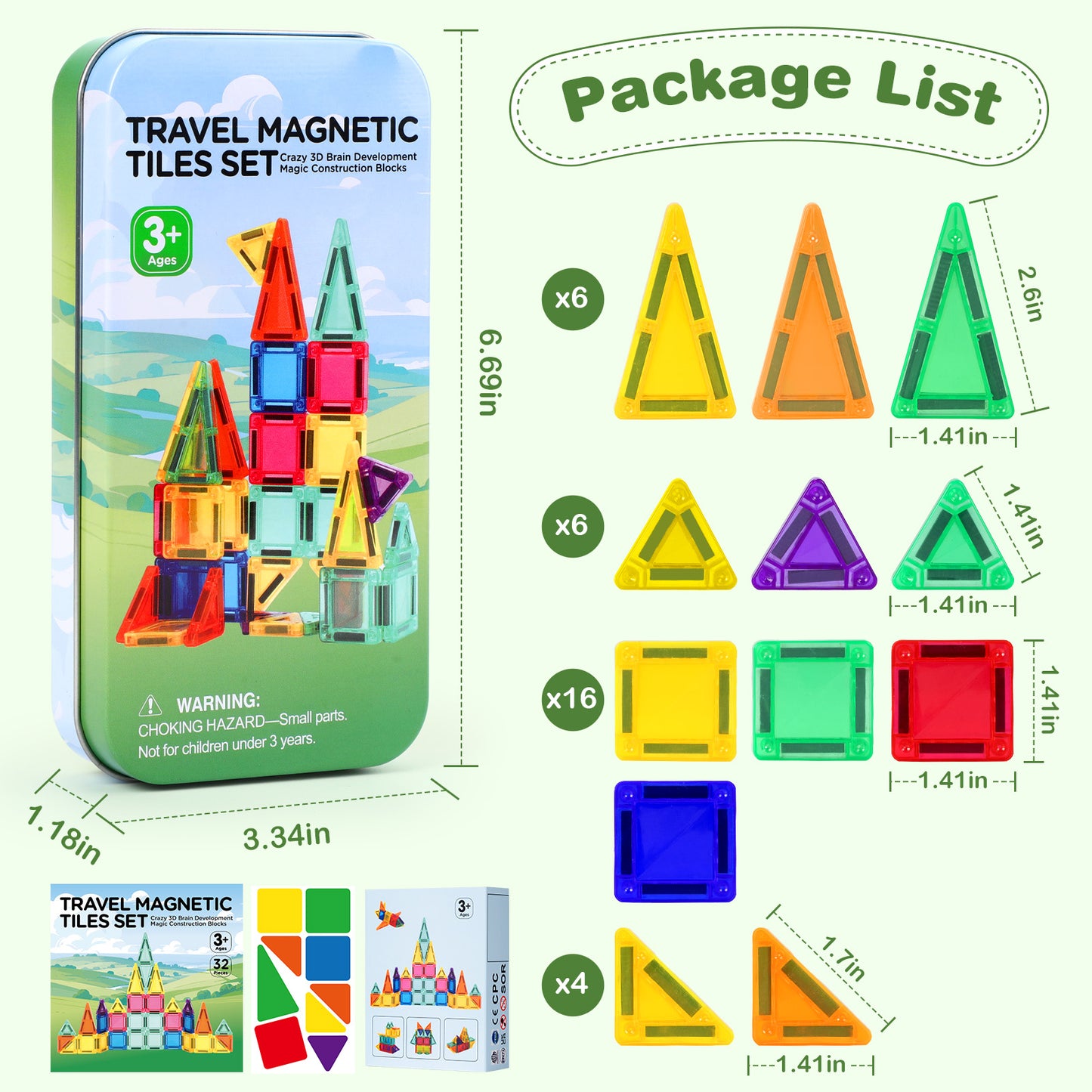FunMagic Mini Magnetic Tiles, 32PCS Travel Magnetic Blocks with Case, STEM Educational Building Set Construction Toys for Kids Ages 3+, Portable Building Toys for Boys & Girls