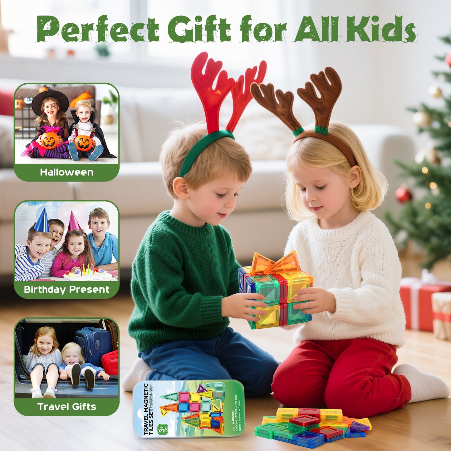 FunMagic Mini Magnetic Tiles, 32PCS Travel Magnetic Blocks with Case, STEM Educational Building Set Construction Toys for Kids Ages 3+, Portable Building Toys for Boys & Girls