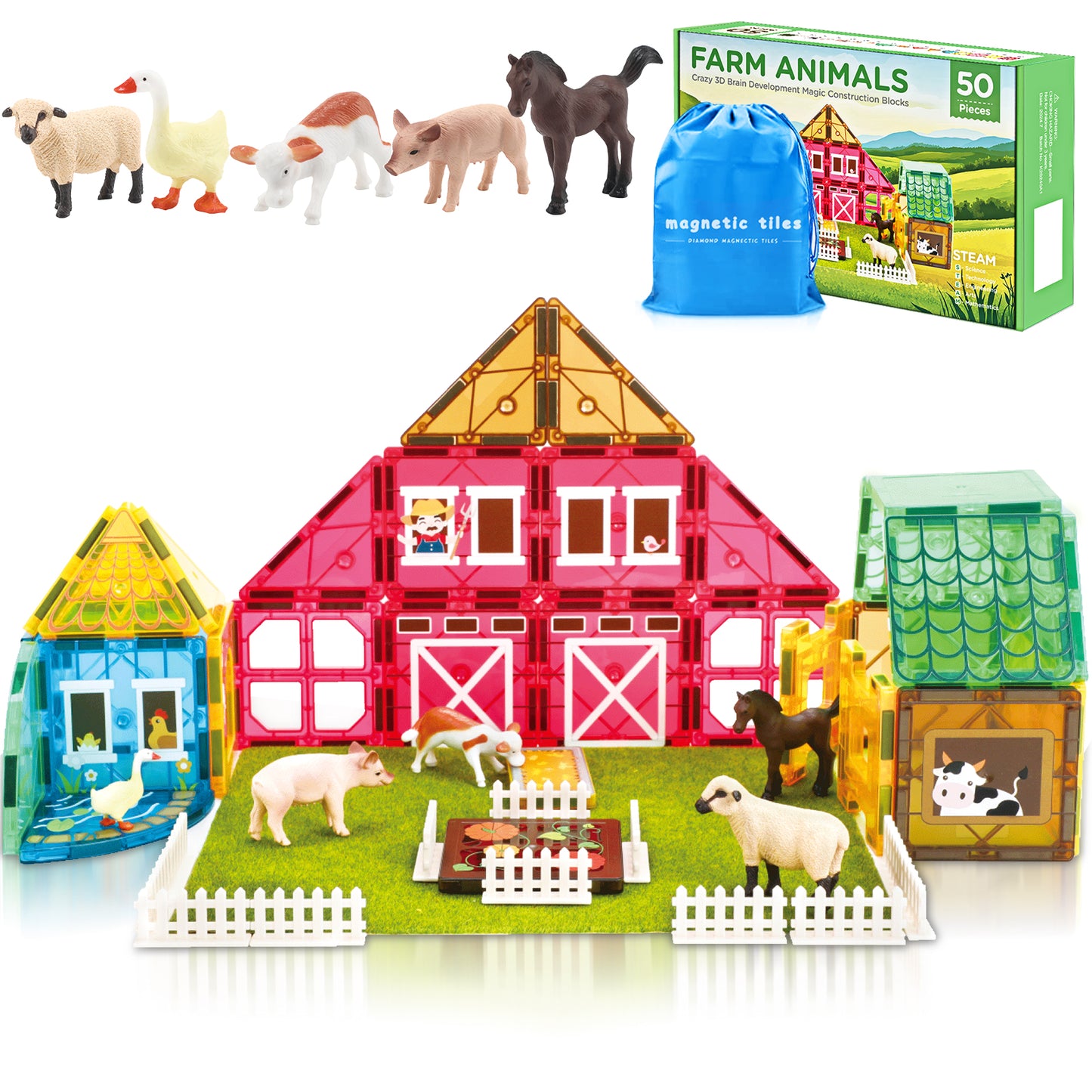 Magnetic Tiles Farm Animal Toys Set for Toddles Kids, Montessori STEM Educational Magnetic Building Blocks for 3+ Year Old Boys Girls