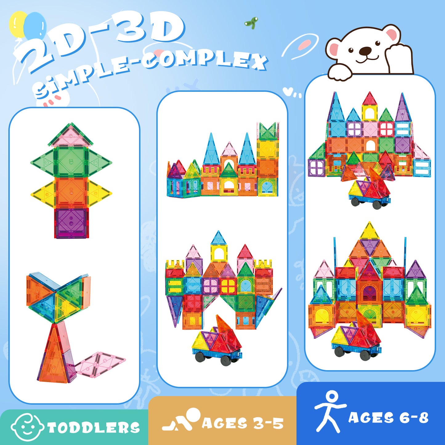 Magnetic Tiles Kids 102pcs Magnetic Blocks Building Sets 3D Magnet Tile Building Construction Educational STEM Toys, Gifts for Toddlers Boys Girls 3 4 5 6 7 8 9 10 + Year Old