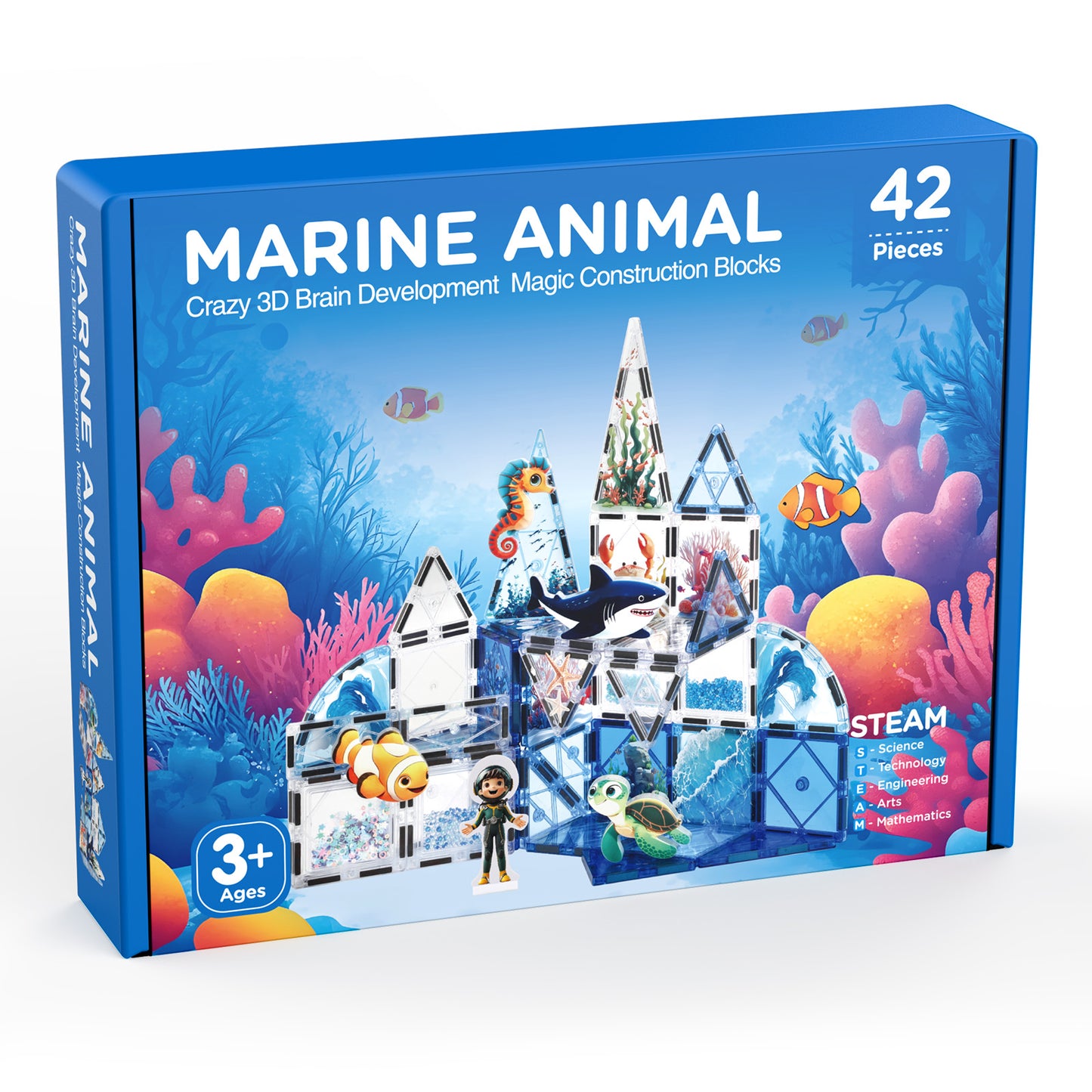 Magnet Tiles Marine Animal Magnetic Building Blocks with 5 Character Action Figures Shark Seahorses Turtle STEM Toys Construction Preschool Toddlers Kids Boys Girls 3+