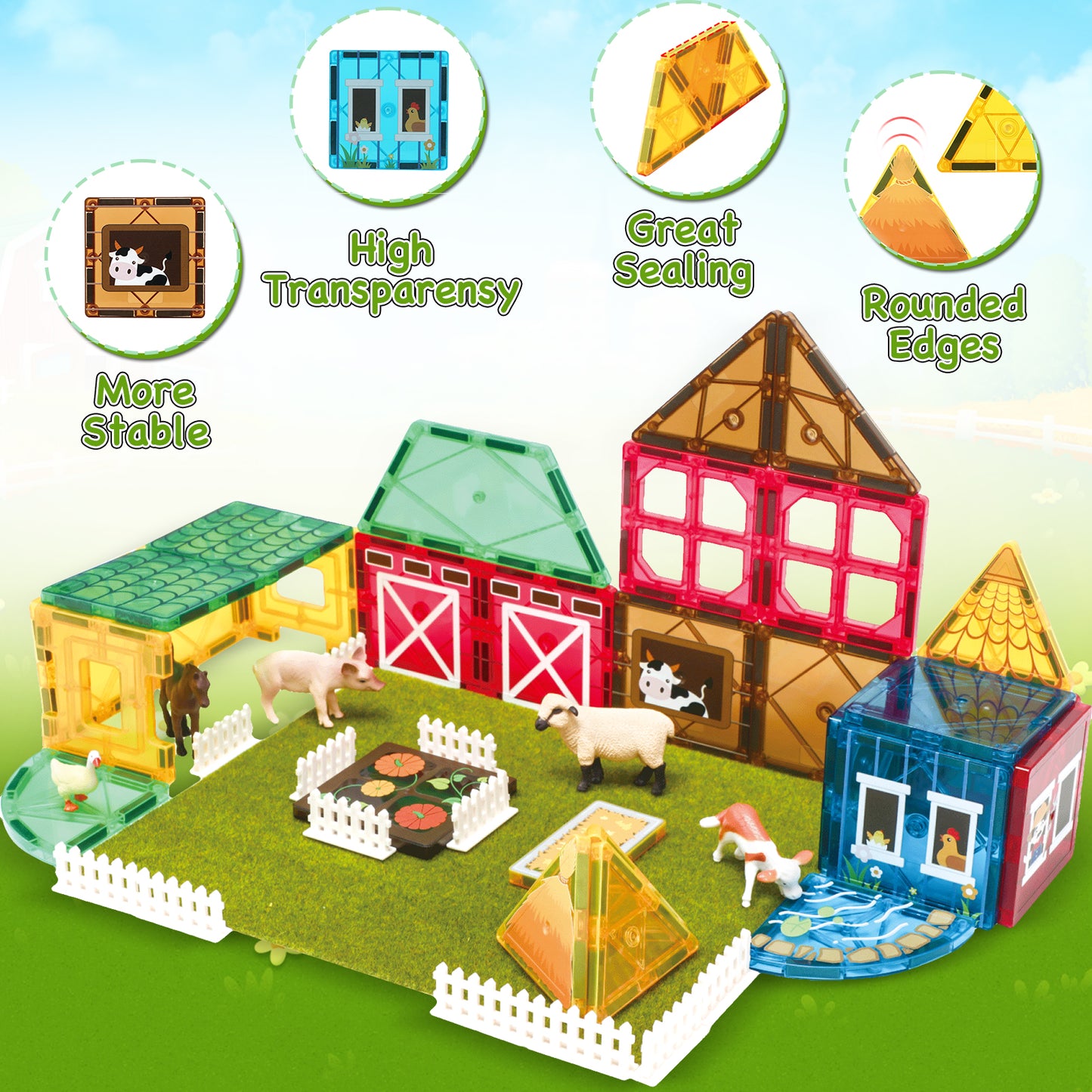 Magnetic Tiles Farm Animal Toys Set for Toddles Kids, Montessori STEM Educational Magnetic Building Blocks for 3+ Year Old Boys Girls