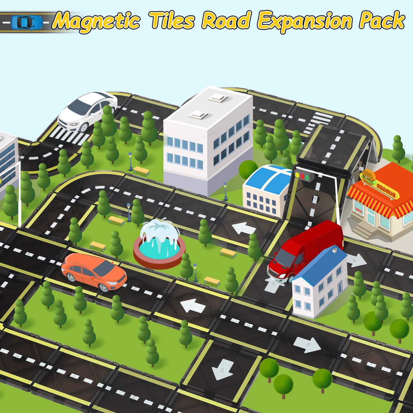 FunMagic Magnetic Tiles Road Set, Stem Magnet Building Blocks Montessori Educational Toy Gifts for 3+ Year Old Boys & Girls