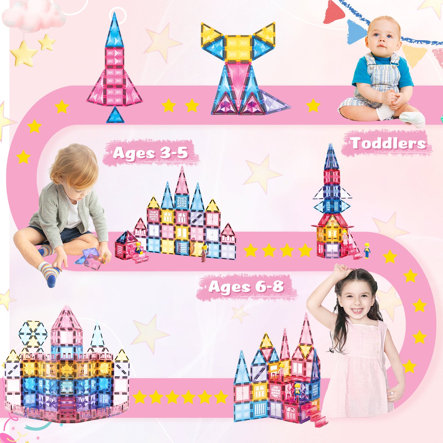 Diamond Magnetic Tiles with Dolls Building Toys, STEM Kids Toys Magnetic Blocks Christmas Birthday Gifts Ideas for 3+ Year Old Girls & Boys