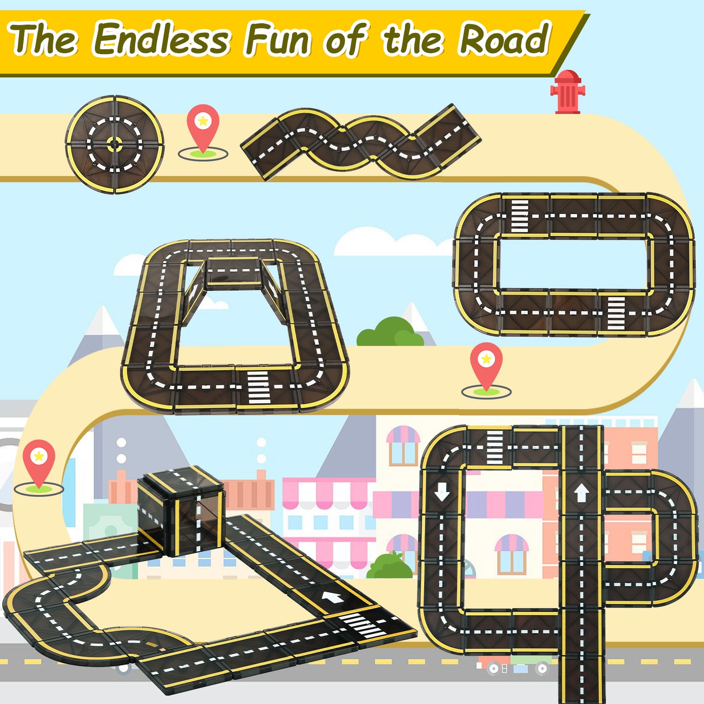 FunMagic Magnetic Tiles Road Set, Stem Magnet Building Blocks Montessori Educational Toy Gifts for 3+ Year Old Boys & Girls