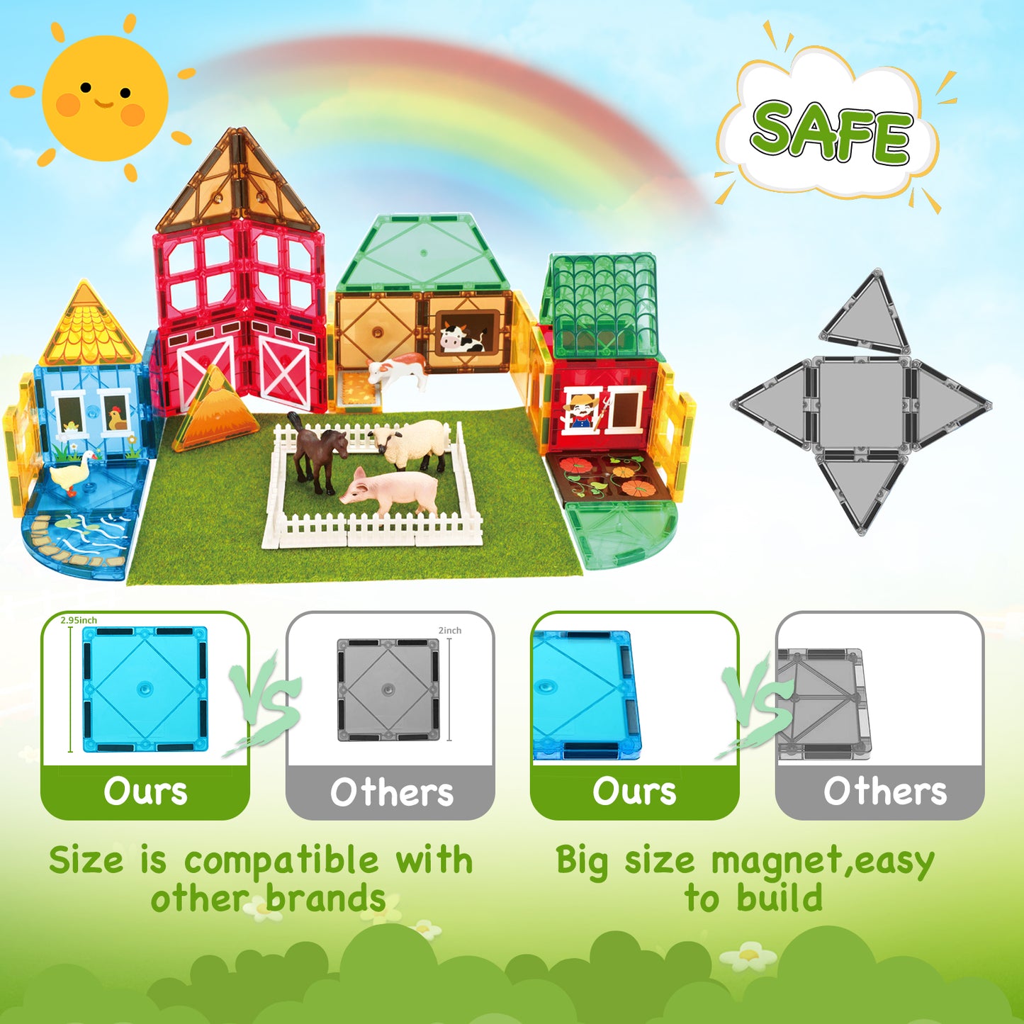 Magnetic Tiles Farm Animal Toys Set for Toddles Kids, Montessori STEM Educational Magnetic Building Blocks for 3+ Year Old Boys Girls