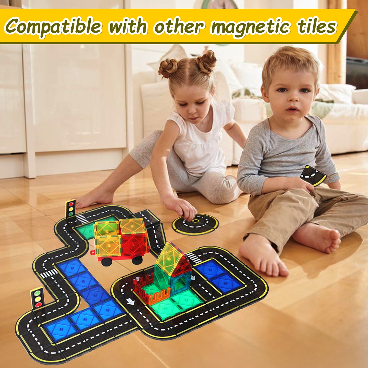 FunMagic Magnetic Tiles Road Set, Stem Magnet Building Blocks Montessori Educational Toy Gifts for 3+ Year Old Boys & Girls