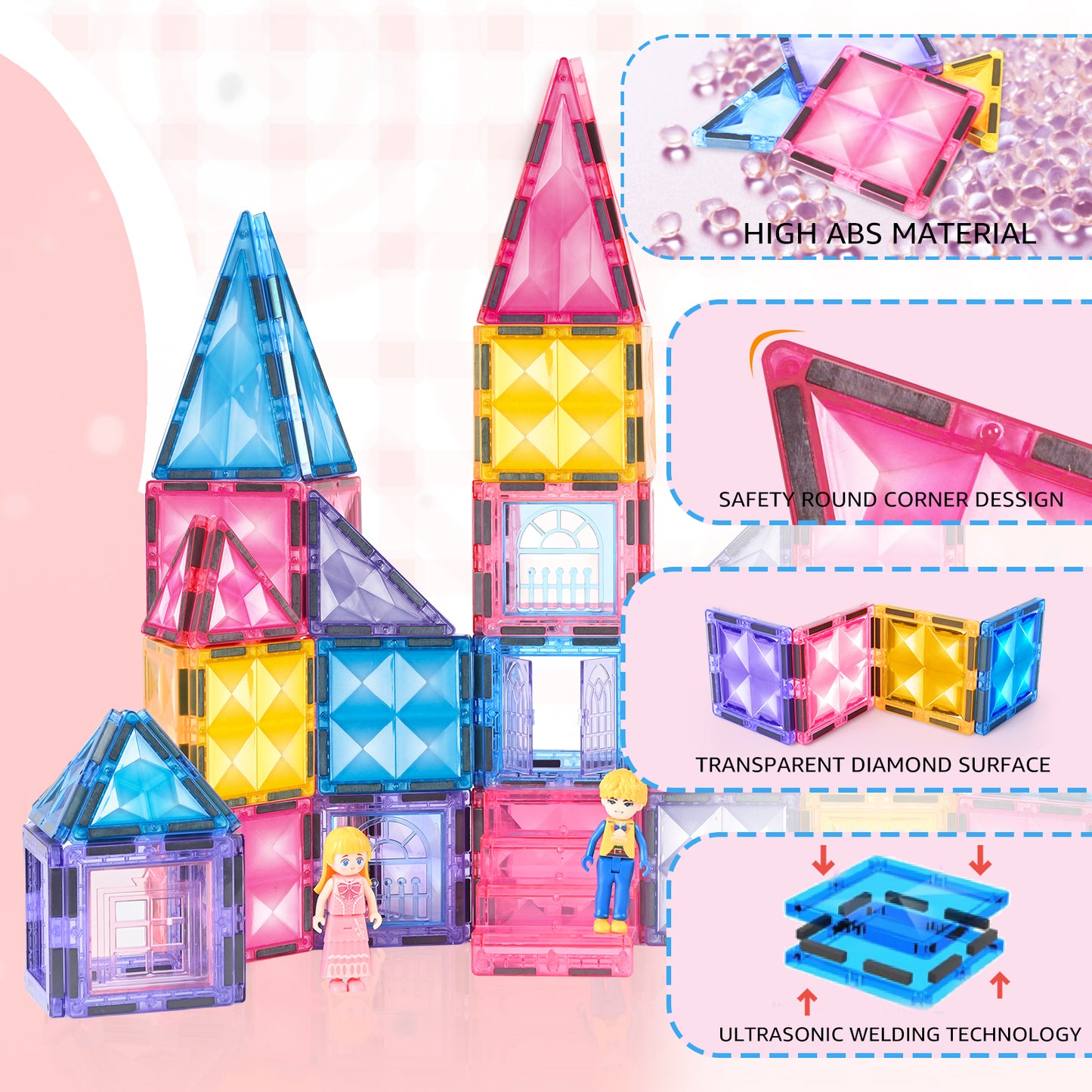 Diamond Magnetic Tiles with Dolls Building Toys, STEM Kids Toys Magnetic Blocks Christmas Birthday Gifts Ideas for 3+ Year Old Girls & Boys